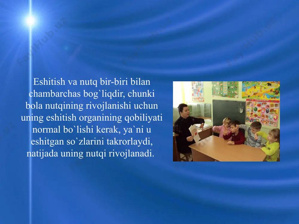 a jarohatlari. 6. nasliy faktorlar. bunday hollarda nutq buzilishlari umumiy nerv sistemasi buzilishlarining bir qismini tashkil etib, intellektual va harakat kamchiliklari bilan birga kuzatiladi. 7. ijtimoiy-maishiy sharoitning yomonligi. bu holat mikroijtimoiy qarovsizlikka, vegetativ disfunksiyaga, emosional-irodaviy muhitning buzilishlariga va nutqning rivojlanmay qolishiga sabab bo`ladi. yuqorida ko`rsatib o`tilgan sabablar, ayrim hollarda ularning birgalikda qo`shilib kelishi nutqning turli tomonlarining buzilishiga sabab bo`lishi mumkin. hamma nutq buzilishlari kelib chiqishiga ko`ra ikki guruhga bo`linadi: 1. organik xarakterdagi nutq buzilishlari. 2. funksional xarakterdagi nutq buzilishlar. organik nutq buzilishlar o`z navbatida ma`lum joyning zararlanishiga ko`ra markaziy va periferik xarakterda bo`ladi. funksional buzilishlar: bunda nutq jarayonida ishtirok etadigan a`zolar tuzilishida hech qanday o`zgarishlar bo`lmaydi. funksional xarakterdagi nutq buzilishlariga: dislaliya, duduqlanish kabi nutq nuqsonlari kiradi. pereferik buzilishlar: artikulyatsion apparatning noto`g`ri tuzilish yoki buzilishi va pereferik nerv artikulyatsion organlar inervasiyasining buzilishdan kelib chiqadi. markaziy buzilishlar: markaziy nerv sistemasining u yoki bu qismlarining buzilishi, zararlanishi natijasida kelib chiqadi. markaziy xarakterdagi organik …