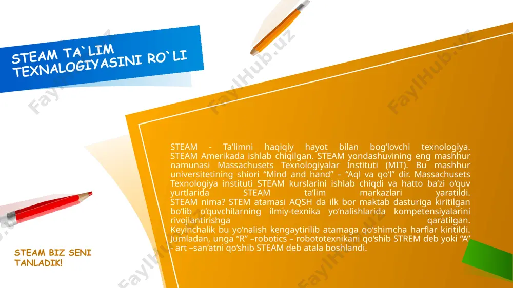 imda steam yondashuv nima ? steam dasturlari 7-14 yoshdagi o‘quvchilarning muttasil ravishda o‘tkaziladigan mashg‘ulotlarga qiziqishlarini orttiradi. masalan, fizika darslarida yerning tortish kuchi o‘rganilganda , doskada formulalarni yozib tushuntirilsa, steam to‘garaklarida raketalar, samolyotlar, parashyutlar qurib, ishga tushirib o‘z bilimlarini mustahkamlaydilar. o‘quvchilar o‘zlari ko‘rmagan yoki eshitmagan atamalarni har doim ham tez anglab etmaydilar. masalan, temperatura ortishi bilan bosimning yoki hajmning ortishi. steam dasturi beshikdan to qabirgacha ilim izla {xalq maqoli} e`tiboringiz uchun rahmat 10077488565490 image1.png image2.png image3.png image5.jpeg image6.jpeg image7.jpeg image8.jpeg image9.jpeg image10.jpeg image11.jpeg image12.jpeg image13.jpeg image14.jpeg image15.png image16.jpeg