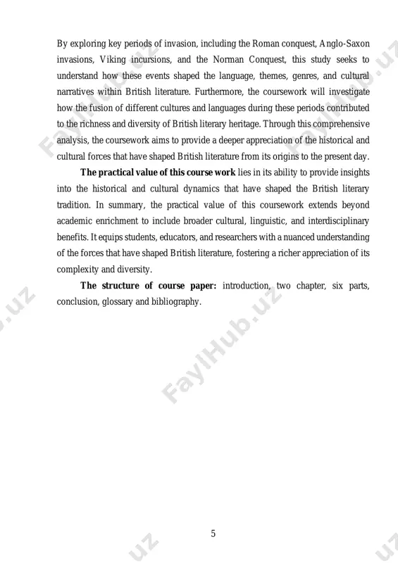 dition. in summary, the practical value of this coursework extends beyond academic enrichment to include broader cultural, linguistic, and interdisciplinary benefits. it equips students, educators, and researchers with a nuanced understanding of the forces that have shaped british literature, fostering a richer appreciation of its complexity and diversity. the structure of course paper: introduction, two chapter, six parts, conclusion, glossary and bibliography. 6 chapter i. importance of understanding historical context 1.1. overview of british literary tradition the british literary tradition is a vast and diverse tapestry that spans over a millennium, encompassing a wide array of genres, styles, and themes. from the epic poetry of beowulf to the contemporary novels of salman rushdie, british literature reflects the rich cultural heritage and complex history of the british isles. the earliest manifestations of british literature can be traced back to the oral traditions of the celtic and anglo-saxon peoples, who composed epic …