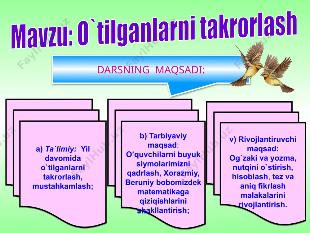o’lar baland taxt”. “biz ham ortda qolmaymiz, so’nngi o’rin bo’lmaymiz. chiqing, maydon kutmasin, qimmatli vaqt o’tmasin”. “bizni chetga surmangiz, bellashishdan qo’rqmangiz. kamtar kamol derlar, haddingizdan oshmangiz” beruniy xorazmiy m.ulu`gbek guruhlar taqdimoti: - “ matematika faniga hissa qo’shgan olimlardan kimlarni bilasiz? tushuntirib hisoblang: 97-7 32+6 o‘tgan mavzuni takrorlash: 87-80 1 + lik = ? 40 + oyoq = ? k + 3 = ? 8 + oyoq = ? t + 10 = ? 0 + a = ? na + 1 + a = ? "bo'sh o'tirma, bosh qotir!" 1-masala qo’l arra-15 ta. randa-? 3ta kam hammasi-? yechish: 15-3=12 15+12=27 javob: 27ta 2-misol 37-20= 25+14= 48-30= 50+17= 52+26= “baliq ovi”o’yini. 50 +۞ = 57 94 - ۞= 90 ۞ – 22= 22 ۞ +14 = 64 48 + ۞ = 60 30 –۞ =10 “mohir hisobchi” o‘yini. shoxda 10 ta qush bor edi, dilshod beshinchi qushni nishonga oldi. shoxda nechta …