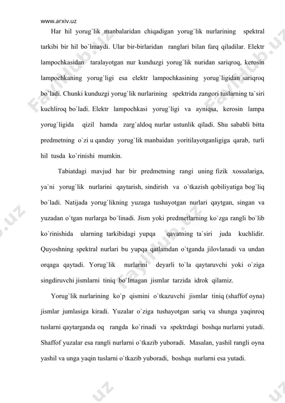 is shoiri va san`atshunosi i.v. gyoteni ko`proq ranglarning kishi organizmiga ko`rsatadigan ta`siri qiziqtirgan. gyote ranglarni iliq va sovuq tuslarga ajratadi. iliq ranglarga alangani qizigan temirning taftini eslatuvchi sariq, zarg`aldoq, qizil, yashil kabi ranglar kiradi. ular ko`zga tez tashlanadi. sovuq ranglar esa muz, suv, osmonning ranglarini eslatuvchi ko`kish yashil, zangori va binafsha havo rang, to`q yashil, ko`kish, qizil ranglardir. tabiatdagi mavjud ranglarni ikki qismga axromatik va xromatik ranglarga ajratish mumkin. oq, kul rang va qora ranglar hamda ularni har hil nisbatda aralashtirib hosil bo`ladigan ranglar axromatik ranglar deyiladi. axromatik ranglar bir-birlaridan faqat tuslari jihatidan farq qiladi. ularning 300 ga yaqin tuslarni ko`z bilan aniqlash mumkin. axromatik ranglarni bir-birilaridan ajratishda yorug`lik kuchi muhim rol o`ynaydi. shuningdek, axromatik ranglar spektrning ko`rinuvchi qismidagi har hil to`lqin o`zunligiga ega bo`lgan barcha ranglarni bir hil qaytaradi. natijada yuza yorug`likni qancha ko`p qaytarsa, u shunchalik oq tusga, qanchalik ko`p yutsa,shunchalik qora tusga o`xshab ko`rinadi. axromatik ranglarni qaytarish …