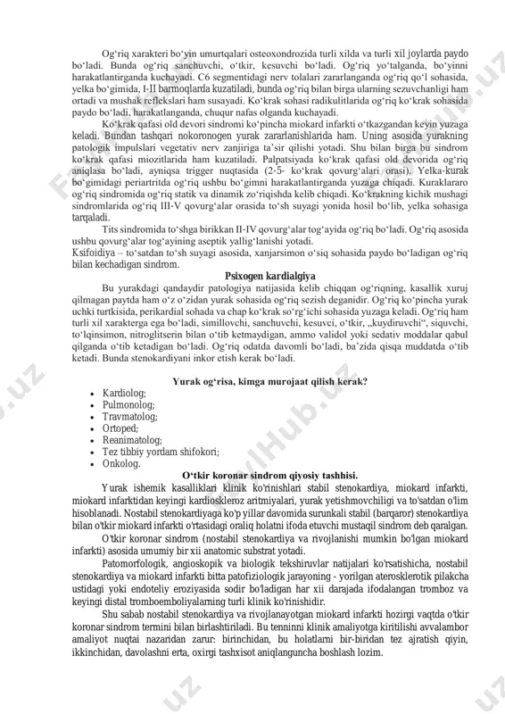 ari natijasida og‘riq kelib chiqadi. odatda og‘riq davomli, simillovchi va yurak sohasida og‘irlik hissini chaqiruvchi bo‘ladi. https://avitsenna.uz/miokard-infarkti/ https://avitsenna.uz/pnevmoniya-opkaning-yalliglanishi/ https://avitsenna.uz/otkir-pankreatit/ neyrosirkulyar distoniya (nsd) — nsd da yurakdagi og‘riq xarakterli belgidir. 4 xil tipdagi og‘riq hissi farqlanadi:  oddiy kardialgiya – simillovchi, kuchsiz, davomli, bir necha daqiqadan bir necha soatgacha davom etuvchi , yurak cho‘qqisida yoki perikardial sohada kuzatiluvchi og‘riqlar bo‘ladi, bunday og‘riqlar 95 % kasallarda yuzaga chiqadi. angionevrotik kardialgiya (25 % bemorlarda uchraydi) – xurujsimon, qisqa muddatli lekin sutka davomida ko‘p marotaba takrorlanuvchi, bosimli va siquvchi, o‘z-o‘zidan o‘tib ketuvchi, odatda validol, nitroglitserin qabul qilinganda o‘tib ketuvchi og‘riqlar kuzatiladi. bemor xavotirlanadi, nafas yetishmasligi, pulsning ko‘payishini sezadi. ekg da ishemik o‘zgarishlar bo‘lmaydi. bu kasallik asosida koronar arteriyalar tonusi pasayishi va giperventilyatsiya yotadi.  xurujli davomli kardialgiya (vegetativ kriz kardialgiyasi) – davomli bosimli, simillovchi, nitroglitserin va validol qabul qilganda yo‘qolmaydigan, qo‘rquv, qaltirash, yurak urishi kuchayishi, hansirash, ab oshishi bilan keladigan og‘riqlar kuzatiladi. ko‘pincha sedativ …
