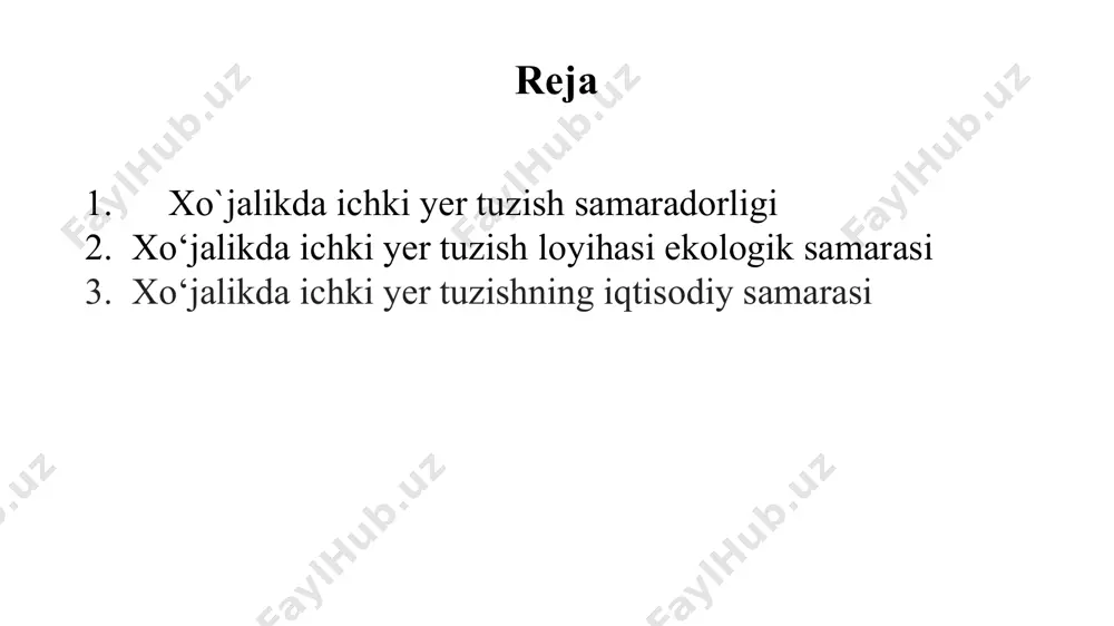 iqarish jarayonlarini bajarish va ishlab chiqarish zararlarining oldini olish (aylanish polosalari, qoldiq uchburchaklar, o‘tkir qirralar tagidagi maydonlarning kamayishi hisobiga) uchun xarajatlarning pasayishidan iborat. yer tuzish iqtisodiy samarasining mazkur tabaqalanishini hisobga olib, ishlab chiqarishning va unga mos xo‘jalik darajasi infratizimining elementlarini yaratishdagi kapital xarajatlar samaradorligi hisoblanadi. masalan, yer turlarini transformatsiyalashda sarflangan kapital xarajatlar yangi o‘zlashtirilgan yoki intensivroq foydalaniladigan yerlardagi sof daromadning o‘sishi bilan qoplanadi, almashlab ekishlar hududini tashkil etishda esa, dala shiyponlarini, yo‘llarni qurish uchun sarflanadigan kapital xarajatlar ishlab chiqarish xarajatlarining va sh.o‘. pasayishi hisobiga qoplanadi. ko‘rinib turibdiki, yer tuzishning asosiy samarasi sof daromadning o‘sishi va ishlab chiqarish xarajatlarining kamayishi (ular ham sof daromadning o‘sishiga aylanishi mumkin) bilan bog‘liq. bu o‘sishlar qo‘shimcha ishlab chiqarish xarajatlarini (s) talab etadigan, qo‘shimcha kapital xarajatlar (k) hisobiga, hamda qo‘shimcha xarajatlarsiz amalga oshiriladigan tashkiliy-xo‘jalik tadbirlaridan kelib chiqadi. image1.jpeg image2.jpg image3.jfif image4.jpg image5.jfif image6.jfif image7.jfif image8.jfif /docprops/thumbnail.jpeg