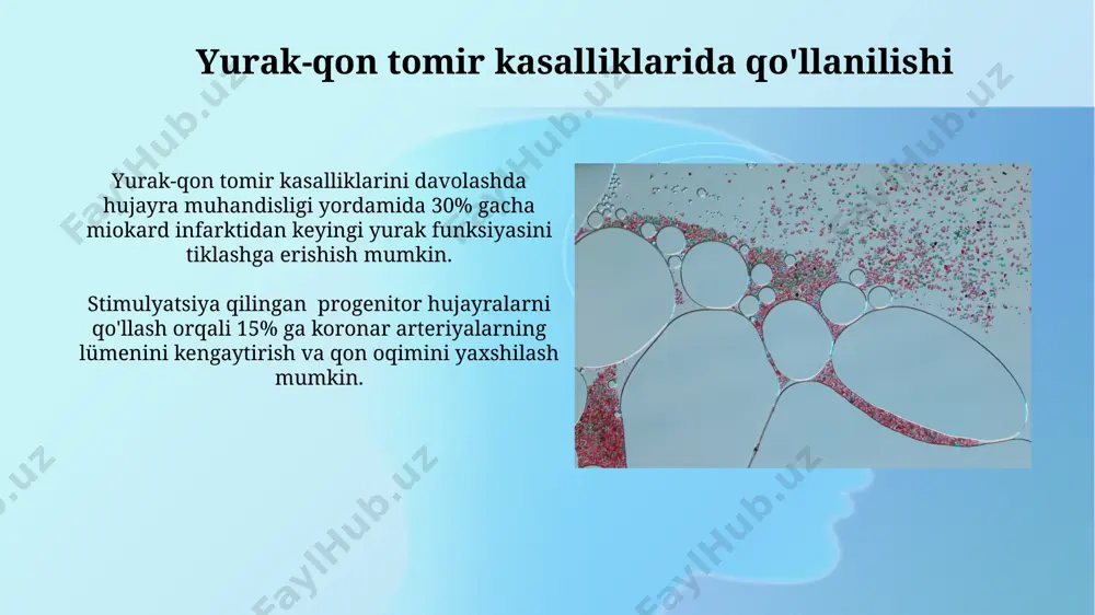 rini yaratish mumkin, bu esa organ transplantatsiyasi muammolarini hal qilishga yordam beradi. inson hujayralaridan olingan biomateriallar yordamida 90% gacha biomos keladigan va tanada tezroq tiklanadigan to'qimalarni yaratish imkoniyati mavjud bo'lib, bemorlarning sog'ayish jarayonini tezlashtiradi. hujayra muhandisligining asosiy tushunchalari hujayra differensiatsiyasi jarayonini boshqarish uchun 20 dan ortiq turdagi o'sish omillaridan va sitokinlardan foydalaniladi, bu esa ma'lum bir to'qima turiga mos hujayralar olishga yordam beradi. hujayra muhandisligi 3d bioprinterlardan foydalanib, 100 millionlab hujayralarni aniq geometrik tuzilmalarga joylashtirish orqali to'qima konstruksiyalarini yaratish imkonini beradi. hujayra muhandisligining etik jihatlari hujayra terapiyasi samaradorligini ta'minlash uchun zarur bo'lgan katta miqdordagi hujayralarni olishda, donorlarning huquqlari va xavfsizligini himoya qilish bo'yicha qat'iy axloqiy me'yorlarga rioya etish juda muhim. embrion hujayralaridan foydalanish bilan bog'liq axloqiy muammolar, inson hayotining boshlanishi haqidagi turli xil qarashlar tufayli katta tortishuvlarga sabab bo'ladi. infeksion kasalliklarni davolashda qo'llanilishi t-hujayralarni gen terapiyasi orqali o'zgartirib, ularning saraton hujayralariga hujum qilish qobiliyatini 5 barobar oshirish orqali infektsiyaga qarshi …