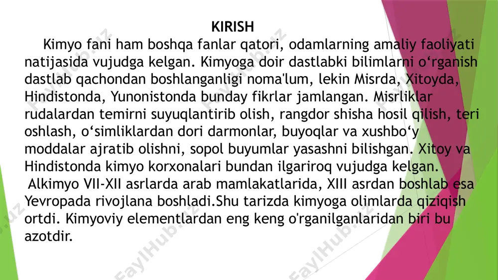 uda zaruriy va muhim bo‘lgan birikmalar hosil bo‘ladi. o‘simlik va hayvonlar, aoztni boshqa moddalar bilan birikishga majbur qila olishmaydi; bunday xususiyatga faqatgina ayrim mikroorganizmlar – tuproqda yashovchi bakteriyalarning ma’lum turlarigina ega bo‘lishadi. bunday bakteriaylarni azotni fiksatsiyalovchilardeyiladi, va hayotning boshqa barcha turlarining mavjud bo‘lishi, amalda ko‘p jihatdan aynan shunday bakteriyalarning tuproqda mavjud ekanligiga bog‘liq bo‘ladi. shunday qilib azotni tuproqdan ajratib olish usullarini o'ylab topishni mavzuni dolzarbligi deb oldim. azot guruhchasi elementlarining umumiy tavsifi kimyoviy elementlar davriy jadvalining v guruhi asosiy guruhchasi elementlari azot n, fosfor p, mishyak as, surma sb va vismut bi lar hisoblanadi. bu elementlarning tashqi energetik qavatida elektronlar soni 5 ta bo’lib, energetik qavatchalarda quyidagicha joylashgan ns2np3nd0. bu elementlarning barchasi tashqi energetik qavatini tugallash uchun 3 ta elektron yetishmaydi. shuning uchun 3 ta electron biriktirib olib manfiy 3-oksidlanish darajasini namoyon qiladi. tashqi energetik qavatda joylashgan elektronlar qo’zg’algan holatida (azotdan tashqari) s1p3d1 ko’rinishda bo’ladi. elektronlari qo’zg’algan holatda o’ziga nisbatan …