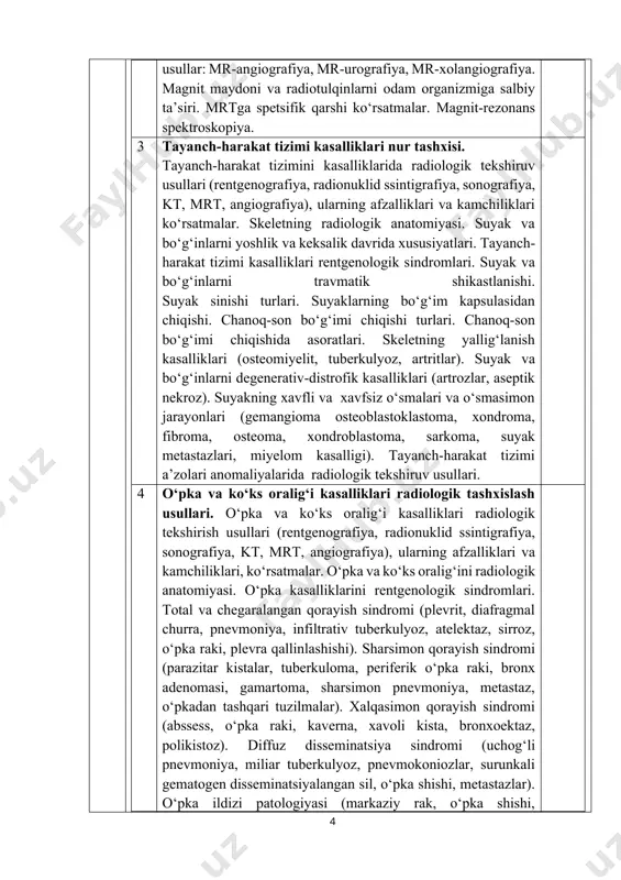 k anatomiyasi. о‘pka kasalliklarini rentgenologik sindromlari. total va chegaralangan qorayish sindromi (plevrit, diafragmal churra, pnevmoniya, infiltrativ tuberkulyoz, atelektaz, sirroz, о‘pka raki, plevra qallinlashishi). sharsimon qorayish sindromi (parazitar kistalar, tuberkuloma, periferik о‘pka raki, bronx adenomasi, gamartoma, sharsimon pnevmoniya, metastaz, о‘pkadan tashqari tuzilmalar). xalqasimon qorayish sindromi (abssess, о‘pka raki, kaverna, xavoli kista, bronxoektaz, polikistoz). diffuz disseminatsiya sindromi (uchog‘li pnevmoniya, miliar tuberkulyoz, pnevmokoniozlar, surunkali gematogen disseminatsiyalangan sil, о‘pka shishi, metastazlar). о‘pka ildizi patologiyasi (markaziy rak, о‘pka shishi, limfoproliferativ jarayonlar, о‘pka arteriyasi anevrizmasi, bronx adenomasi). keng tarqalgan yorug‘lanish sindromi (pnevmotoraks, emfizema). 5 yurak, qon-tomir kasalliklari radiologik tekshirish usullari. yurak va qon-tomir radiologik tekshirish usullari (rentgenografiya, rentgenoskopiya, exokardiografiya, radionuklid ssintigrafiya, kt, mrt, angiografiya), ularning afzalliklari, kamchiliklari, kо‘rsatmalar. exokg foydalaniladigan datchiklar va rejimlar. yurak va qon-tomirlar radiologik anatomiyasi. yurak yoylari. yurakning tug‘ma poroklari (botallo yо‘li, qorincha aro tо‘siq defekti, bо‘lmachlar aro tо‘siq defekti, fallo tetradasi). yurakning ortirilgan nuqsonlari (mitral stenoz, mitral yetishmovchilik, aortal stenoz, aortal yetishmovchilik). …