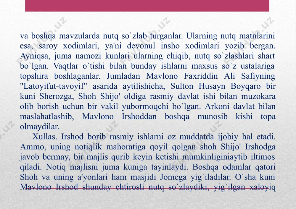 irning bu so`zlari ancha diqqat-e'tiborga loyiq, chunki, el oldida rasmiy nutq bilan chiqib, yig`lash darajasiga borib yetish va bu ko`z yoshiga nisbatan tinglovchilarda kulgi emas, balki hamdardlik kayfiyatini uyg`ota olish uchun katta san'atkorlik mahorati kerak. mavlono riyoziy nutq paytida ko`z yoshi darajasiga yetib borar ekan, qalbidagina yig`lab bayon etar va kishilarni shunga ishontira olar ekan, demak shubhasiz, u juda iste'dodli notiq, chinakam so`z san'atkori bo`lgan. mavlono riyoziy ajoyib so`z san'atkori bo`lish bilan bir qatorda, u o`z davrining ko`zga ko`ringan pedagoglaridan biri bo`lgan. u o`z ishlarini dunyoviy fanlar: tabiatshunoslik, geografiya, tarix, adabiyot nazariyasi va boshqa fanlarni chuqur o`rganib, uni yoshlar o`rtasida targ`ib qilgan. alisher navoiyning yozishiga qaraganda mavlono riyoziy o`z fikrida qattiq turuvchi va shu fikr uchun kurashuvchishaxs, sadoqatli va mohir pedagog va butun hayotini sevimli kasbiga bag`ishlagan ulug`vor inson ekanligini ta'kidlaydi. o`z kasbining mohir ustasi bo`lgan mavlono riyoziy o`z nutqlarida boshqa notiqlar qatori xalq og`zaki ijodidan, va ayniqsa, badiiy adabiyotdan …