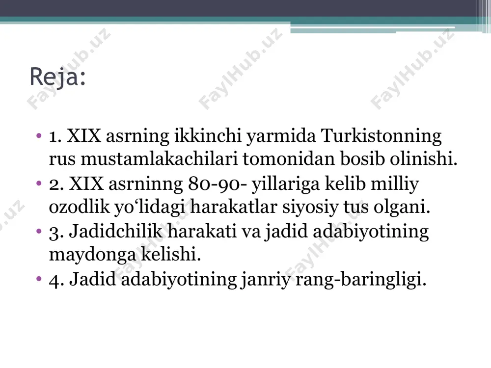 stin jadidchiligining xorijda ham o’rganilimoqda. prlean professori lazzeri, fransuz a.bennigston nomlari dunyoga mashhur. amerikali e.olvort, nemis i.balauf, yapon x.komatsu bu borada samarali ishlamoqdalar. 1995 yil fevralda o’zbekistonning elshixonasi qoshida markaziy osiyoni o’rganish ilmiy tadqiqot institutida mazkur mavzuga bag’ishlangan yirik simpizium bo’lib o’tdi. «alhosil tarbiya bizlar uchun yo hayot, yo mamot, yo najot, yo halokat, yo saodat, yo falokat masalasidur». (a. avloniy) mashhur o‘zbek ma’rifatparvari, shoiri va jamoat arbobi abdulla avloniy 1878 yil 12 iyulda toshkentda hunarmand oilasida tug‘ilgan. eski maktabda savod chiqardi, madrasada tahsil oldi. oiladagi moddiy qiyinchiliklar tufayli bolaligidan odamlar eshigida mehnat qildi, g‘isht quyish, suvoqchilik, pechkachilik, duradgorlik, binokorlik kabi kasblar bilan shug‘ullandi, «imoratchi usta» degan nom oladi. mahmudxo’ja behbudiy buyuk ma'rifatparvar adib, alloma va jamoat arbobi mahmudxo'ja behbudiy 1875 yili samarqand shahrida muftiy oilasida dunyoga keldi. ziyolilar oilasidagi muhit undagi adabiyotga, siyosatga, ma'rifatga bo'lgan qiziqishini tezroq ro'yobga chiqishiga yetakladi. uning otasi islom huquqshunosligi bo'yicha yirik mutaxassis bo'lib, bu …
