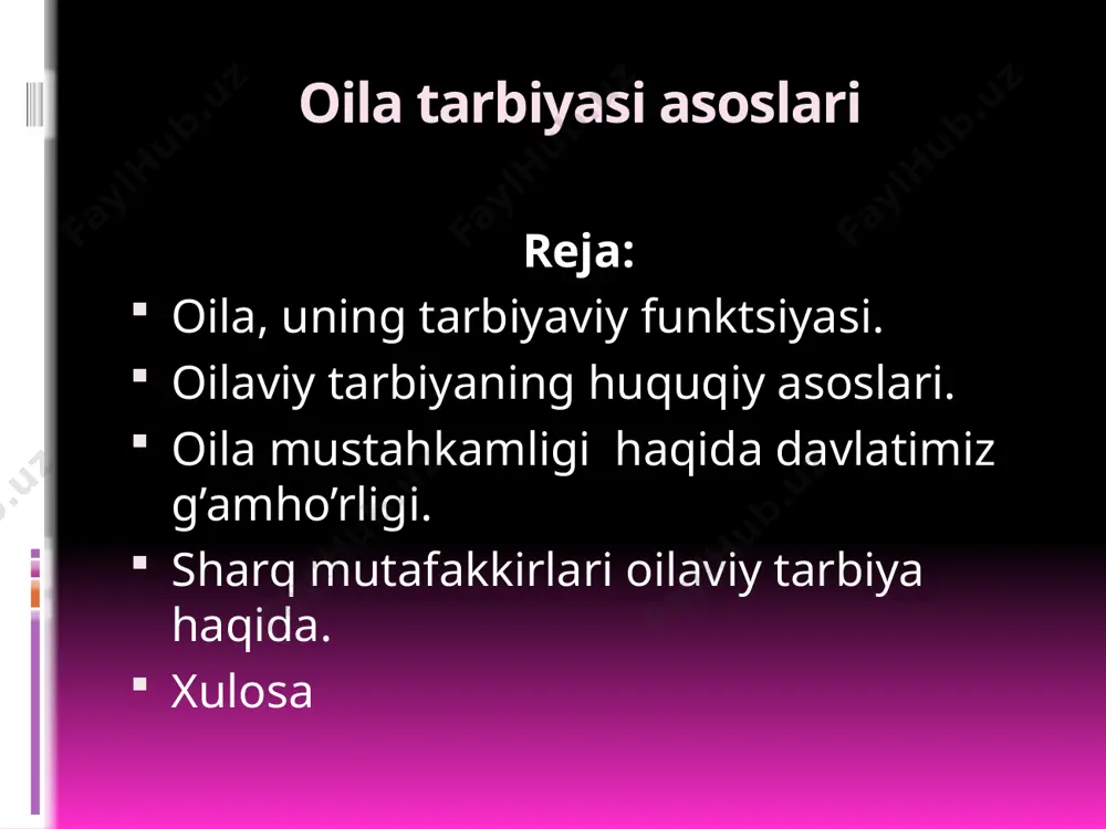 z lafziga sobit bo'lmog`i kerak. o'quvchilarga tarbiyaviy ta'sir ko'rsatishda izchillikka rioya qilish va bir xil talab qo'yish muvaffaqiyat qozonishning eng muhim shartlaridan biridir. tarbiya uzoq davom etadigan jarayon, unda ota-ona, o'qituvchi, jamoatchilik qatnashadilar. shu sababli, ularning ishida izchillik va davomiylik bo'lishiga rioya qilish kerak. oila, uning tarbiyaviy funktsiyasi. bola o'qishni, tarbiya olishni ulg'ayib jamiyat hayotida faol ishtirok etishni xohlaydi. pedagog uni qay usulda, qanday munosa­batlar sharoitida, qanday pedagogik jarayonda tarbiyalash lozimligini bilishi kerak, shu bilan birga, bola o'zini o'zgartirishda faol ishtirokchi ekanligini ham unutmasligi lozim. tarbiya usuli tarbiyachi va tarbiyalanuvchilarning hamkorlikdagi faoliyat hamda o'zaro ta'sir ko'rsatish usullaridir. oila jamiyat va davlat muhofazasida; oilali bo’lib yashash, bola-chaqa qilish barcha fuqarolar – jinsi, irqi, millati, tili, dini, ijtimoiy kelib chiqishi, e'tiqodi, shaxsi va ijtimoiy mavqeidan qat'i nazar, qonun oldida teng; ayol bilan erkak oilada teng huquqqa ega; faqat yakka nikohlilikni tan olish va uni mustahkamlash uchun yordam berish; ixtiyoriy va erkin nikoh; …
