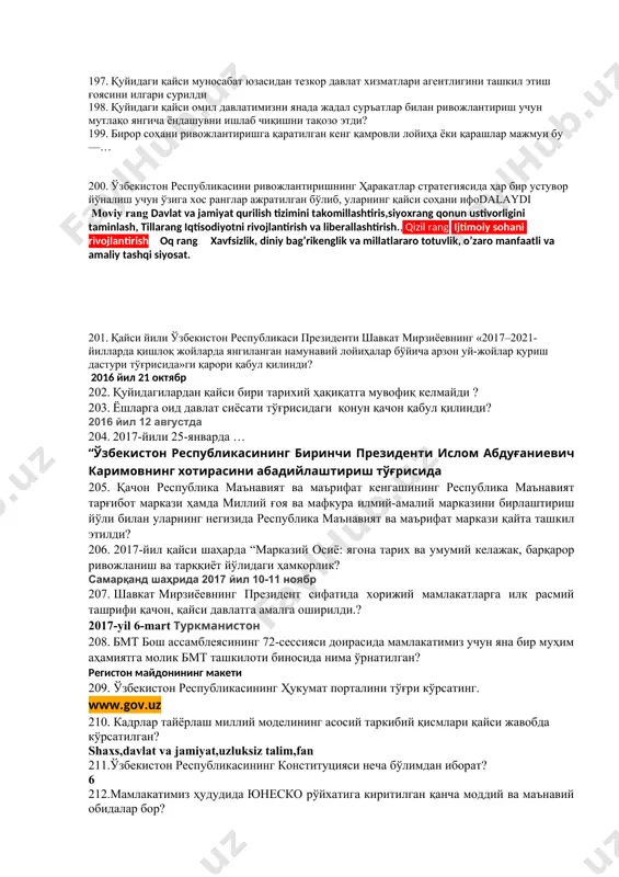 а такомиллаштириш чора-тадбирлари тўғрисида c) фуқароларнинг ўзини ўзи бошқариш органлари тўғрисида 1-c.2-b.3-a 194. президентнинг нечанчи йилдаги фармони асосида фуқаролар йиғинларининг уюшмаси сифатида фуқароларнинг ўзини ўзи бошқариш органлари фаолиятини мувофиқлаштириш бўйича республика кенгаши ташкил этилди? 1993 йил 2 сентябрд 195. ҳар бир фуқаро – сайловчи бир овозга эга. ….. ёшдан кам бўлмаган фуқаро ўзбекистон республикаси президенти, …… ёшга тўлганлар олий мажлисга, ….. ёшга тўлганлар вилоят, туман ва шаҳар кенгашларига депутат этиб сайланиш ҳуқуқига эга. 35,25,21 196. давлат ҳокимияти ва бошқарувини демократлаштиришга асосан конституциянинг нечанчи моддаларига ўзгартиришлар киритилиб, унга асосан бош вазир номзоди сайловларда (олий мажлис) энг кўп депутатлик ўринларини олган сиёсий партия ёки тенг миқдорда кўп ўрин олган сиёсий партиялар томонидан таклиф этилади, президент тақдим этилган номзодни кўриб чиқиб 10 кун муддат ичида олий мажлис палаталари томонидан кўриб чиқиш ва тасдиқлаши учун таклиф этадиган бўлди? 197. қуйидаги қайси муносабат юзасидан тезкор давлат хизматлари агентлигини ташкил этиш ғоясини илгари сурилди 198. қуйидаги …