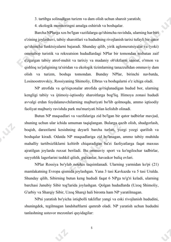 , gulxanlar, havaskor baliq ovlari. nplar rossiya bo'ylab notekis taqsimlanadi. ularning yarmidan ko'pi (21) mamlakatning evropa qismida joylashgan. yana 3 tasi kavkazda va 5 tasi uralda. shunday qilib, sibirning butun keng hududi faqat 6 npga to'g'ri keladi, ularning barchasi janubiy sibir tog'larida joylashgan. qolgan hududlarda (uzoq shimoliy, g'arbiy va sharqiy sibir, uzoq sharq) hali bironta ham np yaratilmagan. npni yaratish bo'yicha istiqbolli takliflar yangi va eski rivojlanish hududini, shuningdek, tegilmagan landshaftlarni qamrab oladi. np yaratish uchun hududni tanlashning ustuvor mezonlari quyidagilar: - rossiyaning qizil kitobiga kiritilgan ekotizim va biootalarning namunaviy namunalari, geologik va geomorfologik jarayonlarning noyob namunalari, noyob va yo'qolib ketish xavfi ostida bo'lgan organizmlarning mavjudligi; - yirik mintaqalarning ekologik barqarorligini ta'minlash uchun zarur bo'lgan eng muhim tabiiy jarayonlar va ekotizimlarni saqlash qobiliyati; tabiiy sharoitda milliy ahamiyatga ega tarixiy va madaniy yodgorliklarning mavjudligi; - xalqaro ahamiyatga molik muhofaza qilinadigan tabiiy hududlarni (chegara qo'riqlanadigan hududlar, umumjahon merosi ob'ektlari, biosfera qo'riqxonalari va …