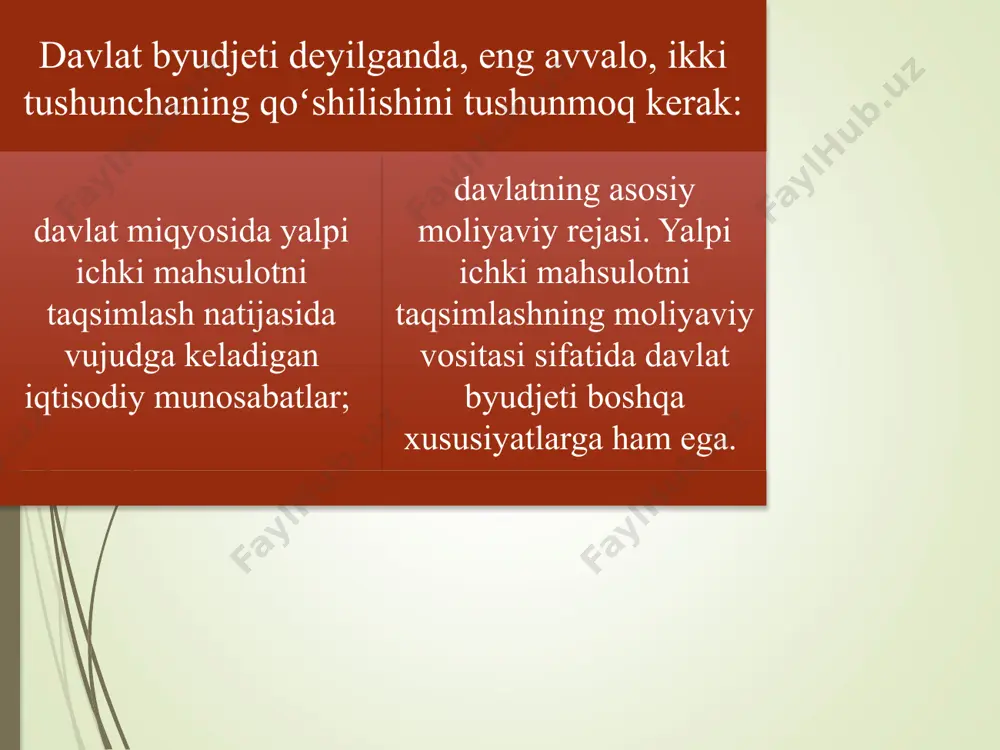 dividendlarga toʻgʻri keladigan foyda koʻrinishidagi daromadlar; davlat unitar korxonalari foydasining bir qismi (soliqlar va yigʻimlar toʻgʻrisidagi qonunchilikka muvofiq toʻlangan soliq va yigʻimlardan soʻng); davlatga tegishli boʻlgan mol-mulkdan foydalanish natijasida olinadigan qonunchilikda koʻzda tutilgan boshqa daromadlar. oʻzining ijtimoiy-iqtisodiy belgisiga koʻra davlat byudjetining daromadlari ikki guruhga boʻlinishi mumkin: aholidan tushumlar. xoʻjalik yurituvchi subyektlardan olinadigan daromadlar; mulkchilik shakliga koʻra davlat byudjetining daromadlari quyidagi koʻrinishlarda boʻlishi mumkin: nodavlat sektordan olinadigan daromadlar; davlat xoʻjaliklaridan olinadigan daromadlar; aholidan olinadigan mablagʻlar. davlat byudjetining barcha xarajatlarini quyidagi guruhlarga boʻlish mumkin: ijtimoiy soha va aholini ijtimoiy qoʻllab-quvvatlash xarajatlari; milliy iqtisodiyotga xarajatlar; mudofaa xarajatlari; boshqaruv xarajatlari. etiboringiz uchun raxmat image1.jpeg image2.png image3.png image4.png /docprops/thumbnail.jpeg