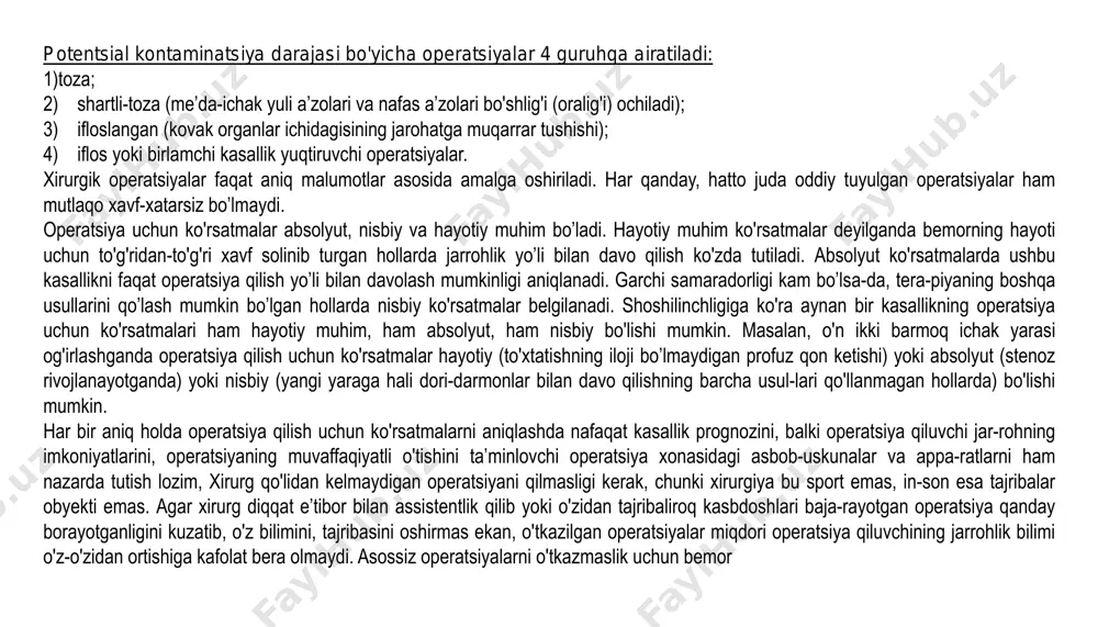 niqlanadi. garchi samaradorligi kam bo’lsa-da, tera-piyaning boshqa usullarini qo’lash mumkin bo’lgan hollarda nisbiy ko'rsatmalar belgilanadi. shoshilinchligiga ko'ra aynan bir kasallikning operatsiya uchun ko'rsatmalari ham hayotiy muhim, ham absolyut, ham nisbiy bo'lishi mumkin. masalan, o'n ikki barmoq ichak yarasi og'irlashganda operatsiya qilish uchun ko'rsatmalar hayotiy (to'xtatishning iloji bo’lmaydigan profuz qon ketishi) yoki absolyut (stenoz rivojlanayotganda) yoki nisbiy (yangi yaraga hali dori-darmonlar bilan davo qilishning barcha usul-lari qo'llanmagan hollarda) bo'lishi mumkin. har bir aniq holda operatsiya qilish uchun ko'rsatmalarni aniqlashda nafaqat kasallik prognozini, balki operatsiya qiluvchi jar-rohning imkoniyatlarini, operatsiyaning muvaffaqiyatli o'tishini ta’minlovchi operatsiya xonasidagi asbob-uskunalar va appa-ratlarni ham nazarda tutish lozim, xirurg qo'lidan kelmaydigan operatsiyani qilmasligi kerak, chunki xirurgiya bu sport emas, in-son esa tajribalar obyekti emas. agar xirurg diqqat e’tibor bilan assistentlik qilib yoki o'zidan tajribaliroq kasbdoshlari baja-rayotgan operatsiya qanday borayotganligini kuzatib, o'z bilimini, tajribasini oshirmas ekan, o'tkazilgan operatsiyalar miqdori operatsiya qiluvchining jarrohlik bilimi o'z-o'zidan ortishiga kafolat bera olmaydi. asossiz operatsiyalarni …