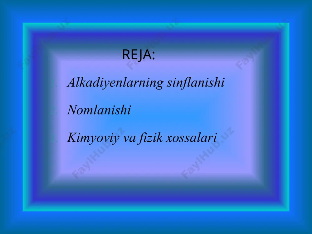 n uglevodorodlari 3 guruhga bo’linadilar va quyidagicha nomalandilar: 1.qo’shbog’lari ketma-ket keladigan (qo’shbog’lari yig’ilgan) diyenlar: ch2 = c = ch2 allen, propadiyen ch3 – ch = c = ch2 metilallen, 1,2-butadiyen 2.tutash qo’shbog’li diyenlar: ch2 = ch – ch = ch2 divinil yoki 1,3-butadiyen ch2 = c(ch3) – ch = ch2 izopren yoki 2-metilbutadiyen-1,3 3.ajratilgan qo’shbog’li diyenlar ch2 = ch– ch2 – ch2 – ch = ch2 diallil, 1,5-geksadiyen diyen uglevodorodlari orasida tutash qo’shbog’li diyenlarning ahamiyati katta. ular sintetik kauchuk va boshqa qimmatli birikmalar olishda ishlatiladi. quyida biz tutash qo’shbog’li diyenlarning olinish usullari, xossalari va ishlatilishi bilan tanishib chiqamiz. olinish usullari. 1,3 – butadien, ya`ni divinil ch2 = ch – ch = ch2 divinil sanoatda sintetik kauchuk olish uchun muhim hom ash bo`lganligi sababli, uning turli xil olinish usullari ishlab chiqilgan. neft mahsulotlari va toshkumir piroliz qilinganda ham oz miqdorda divinil hosil bo`ladi. 1,3-alkadiyenlar sanoatda quyidagi usullar bilan olinadi. to’yingan uglevodorodlarni …