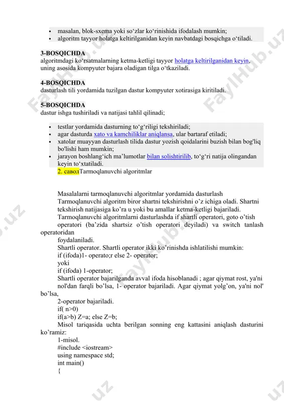 ng asosida kompyuter bajara oladigan tilga o‘tkaziladi. 4-bosqichda dasturlash tili yordamida tuzilgan dastur kompyuter xotirasiga kiritiladi. 5-bosqichda dastur ishga tushiriladi va natijasi tahlil qilinadi; · testlar yordamida dasturning to‘g‘riligi tekshiriladi; · agar dasturda xato va kamchiliklar aniqlansa, ular bartaraf etiladi; · xatolar muayyan dasturlash tilida dastur yozish qoidalarini buzish bilan bog'liq bo'lishi ham mumkin; · jarayon boshlang‘ich ma’lumotlar bilan solishtirilib, to‘g‘ri natija olingandan keyin to‘xtatiladi. 2. саволtarmoqlanuvchi algoritmlar masalalarni tarmoqlanuvchi algoritmlar yordamida dasturlash tarmoqlanuvchi algoritm biror shartni tekshirishni o’z ichiga oladi. shartni tekshirish natijasiga ko’ra u yoki bu amallar ketma-ketligi bajariladi. tarmoqlanuvchi algoritmlarni dasturlashda if shartli operatori, goto o’tish operatori (ba’zida shartsiz o’tish operatori deyiladi) va switch tanlash operatoridan foydalaniladi. shartli operator. shartli operator ikki ko’rinishda ishlatilishi mumkin: if (ifoda)1- operato;r else 2- operator; yoki if (ifoda) 1-operator; shartli operator bajarilganda avval ifoda hisoblanadi ; agar qiymat rost, ya'ni nol'dan farqli bo’lsa, 1- operator bajariladi. agar qiymat yolg’on, ya'ni nol' …