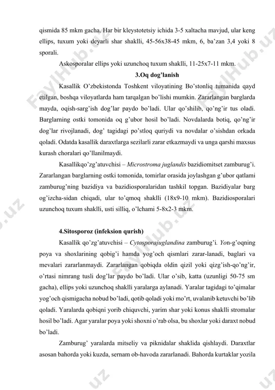 qobiqda oldin qizil yoki qizg’ish-qo’ng’ir, o’rtasi nimrang tusli dog’lar paydo bo’ladi. ular o’sib, katta (uzunligi 50-75 sm gacha), ellips yoki uzunchoq shaklli yaralarga aylanadi. yaralar tagidagi to’qimalar yog’och qismigacha nobud bo’ladi, qotib qoladi yoki mo’rt, uvalanib ketuvchi bo’lib qoladi. yaralarda qobiqni yorib chiquvchi, yarim shar yoki konus shaklli stromalar hosil bo’ladi. agar yaralar poya yoki shoxni o’rab olsa, bu shoxlar yoki daraxt nobud bo’ladi. zamburug’ yaralarda mitseliy va piknidalar shaklida qishlaydi. daraxtlar asosan bahorda yoki kuzda, sernam ob-havoda zararlanadi. bahorda kurtaklar yozila boshlagan paytda piknidalardan qo’zg’atuvchining konidiyalari chiqadi, ular yomg’ir va shamol vosi-tasida sog’lom shox va novdalarga tushadi va har xil mexanik jarohatlar (sovuq urgan joylar, shoxlarning singan joylari, hasharotlar va kasalliklar tufayli hosil bo’lgan shikastlar) orqali to’qimalarga kiradi. zararlangan a’zolarda yangi yaralar zararlanishdan keyin 1-3 yil o’tganida paydo bo’ladi. yaralar bahorda va yoz boshlarida o’sadi, yozda va qishda ularning o’sishi sekinlashadi. poya, shox va novdalarning qobiqlari, keyinchalik esa yog’och …