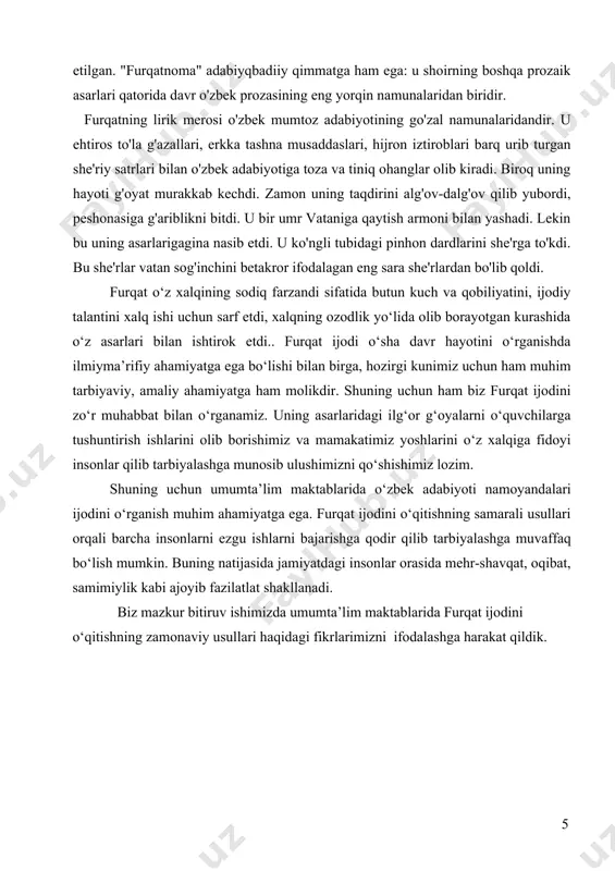 omlanadigan nasriy asarida quyidagi baytni to`qqiz yoshida yozganligini qayd etadi: mening maktabaro buldur murodim, xatimdek chiqsa imloyi savodim bo`lajak shoir o`n yoshlarida fuzuliyni sevib o`qigan. zokirjon 1870-yilda ashur muhammad qoridan qur`on qiroatini o`rgandi. 1871-1872-yillarda mudarris poshshoxo`ja eshondan arab tilini o`rganib, madarasa ta`limiga tayyorgarlik ko`radi. nihoyat, 1873-yili, 14yoshida madrasaga kiradi. biroq zamon o`zgarib, bosqinchilar tomonidan qo`qon xonligi tugatilganligi va barcha madrasalar yopilganligi tufayli o`ta zehnli bo`lishiga qaramay, zokirjon ta`limni oxiriga yetkaza olmadi. 1879-yilda bo`lajak shoir yangi marg`ilon (hozirgi farg`ona) ga do`kondor tog`asi huzuriga boradi. bir muddat tog`asi qo`lida ishlagan zokirjon, keyinroq o`zi kichik do`kon ochib, mustaqil ish yuritadi. ayni vaqtda, u o`z bilimini oshirish bilan shug`ullandi. shaxsiy muallim topib, undan dars oldi. tez orada shaharning eng o`qimishli, bilimdon kishilardan biriga aylangan zokirjon endi boshqalarga xususiy darslar berdi, mirzalik xattotlik qildi. lekin bu yillar furqat uchun she`riyatga oshuftalik davri bo`ldi, deyish mumkin. ta`sirchan yigit to`lig`icha she`riyatga berildi. shoirning “furqat” – ayriliq taxallusini …