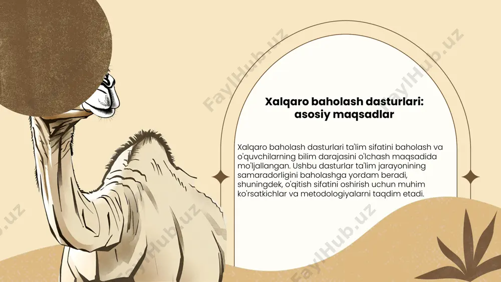ini rivojlantirish orqali bu holatni yaxshilash mumkin. baholash dasturlarining kelgusi istiqbollari baholash dasturlarining rivojlanishi xalqaro baholash dasturlari kelgusi yillarda muhim o'zgarishlarga duch kelishi kutilmoqda. ushbu dasturlar, ta'lim tizimini yanada takomillashtirish va global ta'lim standartlariga erishish maqsadida yangilanadi. ta'lim muassasalari va hukumatlar o'rtasidagi hamkorlik kuchayadi, bu esa baholash jarayonlarini yanada samarali qilishga yordam beradi. innovatsiyalar va yangi yondashuvlar yangi texnologiyalar va innovatsion yondashuvlar baholash dasturlarida qo'llaniladi. masalan, sun'iy intellekt va analitik vositalar orqali ma'lumotlarni tahlil qilish osonlashadi. bu nafaqat baholash jarayonining samaradorligini oshiradi, balki natijalarning aniqligini ham ta'minlaydi. baholash dasturlarining samaradorligini oshirish baholash dasturlarining samaradorligini oshirish uchun, dasturlarni doimiy ravishda yangilab borish va ularni amaliyotga kiritish zarur. ta'lim muassasalari o'rtasida tajriba almashish va samarali metodlardan foydalanish, baholash jarayonini yanada takomillashtirishga xizmat qiladi. kelajakdagi rivojlanish istiqbollari rivojlanish va innovatsiyalar sohalarida o'zgarishlar ta'lim va iqtisodiyotda yangi yondashuvlarni talab etmoqda. masalan, raqamli texnologiyalar va masofaviy ta'limning rivojlanishi ta'lim jarayonlarini yanada samarali qiladi. kelajakda baholash …