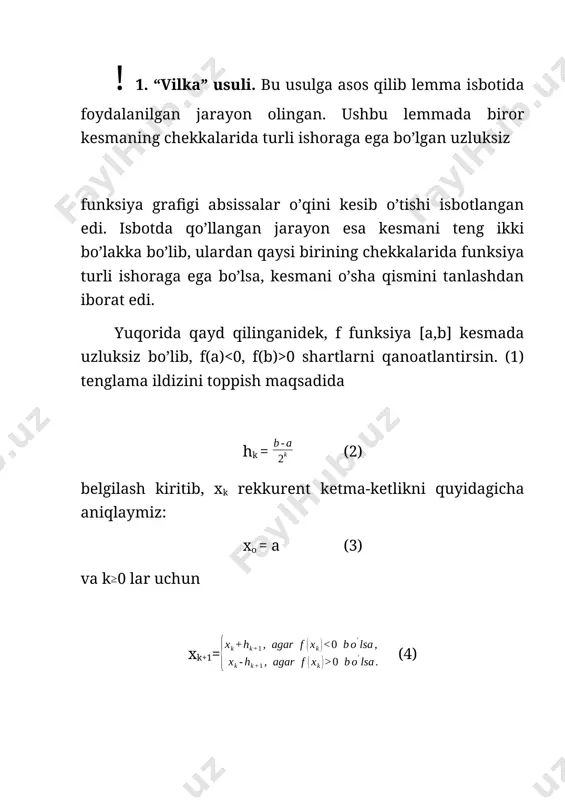 bli bundan buyon deb faraz qilamiz. sodda almashtirishlar yordamida (17) tenglikni (18) ko’rinishiga keltiramiz. agar (19) deb belgilash kiritsak, (18) tenglik (20) ko’rinishiga keladi. shartga ko’ra f o’suvchi bo’lgani sababli bo’ladi. bundan tashqari, farazimizga ko’ra xk c bo’lsa, (26) shartlardan f(x)-f(c)=0 ekani kelib chiqadi. shunday ekan hosilaning musbatligiga ko’ra, bundan chiqdi, (25) tenglikka ko’ra, bo’lganda , bo’ladi, ya’ni bu ketma-ketlik monoton kamayuvchi bo’lar ekan. shunday qilib , ketma-ketlik kamayuvchi va quyidan chegaralangandir. demak bu ketma-ketlik limitga ega. bu limitni d orqali belgilab (25) tenglikda intilganda cheksizlikka deb limitga o’tsak, tenglikka ega bo’lamiz. bundan f(d)=0 ekanligi kelib chiqadi, demak ildizning yagonaligiga ko’ra, d=c. bu esa 6-tasdiqning o’rinli ekanligini ko’rsatadi. shuni aytish kerakki, urinmalar usulidagi taqribiy qiymatlar ketma-ketligi vatarlar usulidagi ketma-ketlikka qaraganda ildizning aniq qiymatiga ancha tez yaqinlashadi. navbatdagi tasdiq yaqinlashish tezligi asosan boshlang’ich yaqinlashishning tanlanishiga bog’liq ekanini ko’rsatadi. ! 7-tasdiq. agar (26) shartlar bajarilib, (28) bo’lsa, (25) tenglik orqali aniqlangan {} …