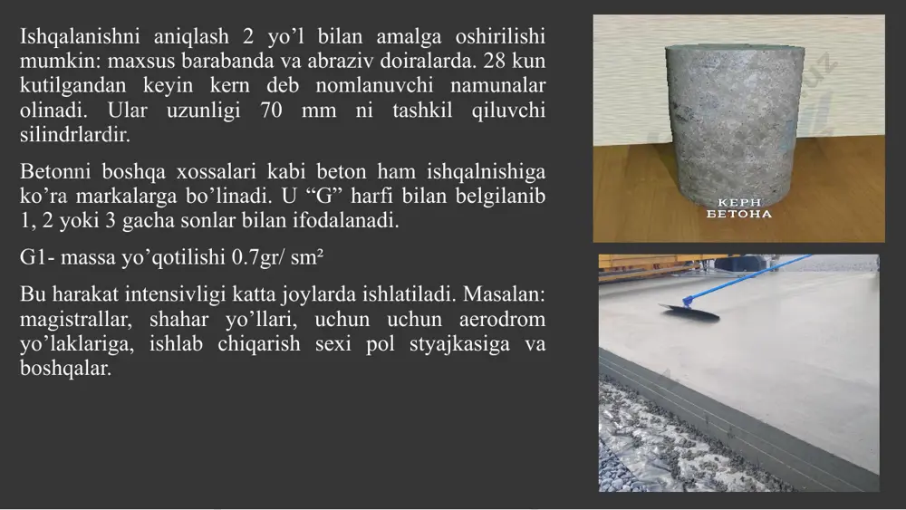e (din52108) testi bo’yicha 50sm² yuzaga sm³ da ko’rsatilgan) tribet 2000- ishqalanishga yuqori bardoshli beton ishqlaanishga bardoshliligi- 1.2-1.4sm³ ular yuqori abraziv(chang, sment) lar bilan ishlovchi qurilmalarda tribet 1000- ishalanishga yaxshi bardoshli beton ishqalanishga bardoshliligi- 3.5-3.8 sm³ ular ular past abraziv zarralar bilan ishlovchi qurilmalarda ishlatiladi. xulosa. xulosa qilib aytganda ishqalanishga bardoshli beton ishlab chiqarishda , transport yo’nalishida, va qurilish yo'nalishlarida katta ahamiyatga egadir. foydalanilgan adabiyotlar ro'yxati https://www.itribo.cz/ru/materialy-ru/tribet-ru.html https://qasr.ru/iznos-betona-ego-harakteristiki/ https://proptop.pro/articles/abrasion-of-concrete e’tiboringiz uchun rahmat. image1.png image2.png image3.png image4.png image5.jpg image6.png image7.png image8.png image9.png image10.png image11.jpg image12.jpg image13.jpg image14.jpg image15.jpg image16.jpg image17.jpg image18.jpg image19.jpg image20.jpg image21.jpg image22.png