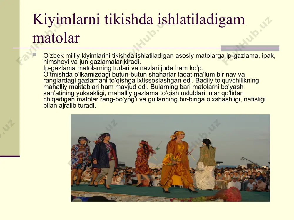i, bu esa yo’l-yo’l va abr uslubida to’qilar edi. xix asrga kelib, yo’l-yo’l gul solingan matolar xillari keng rasm bo’lib ketdi. ip gazlama, shoyi, nim shoyi gazmollarga shu uslubda gul solina boshlandi. mazkur turdagi gazlamalarni chiqaradigan to’quvchilik markazlari samarqand, urgut, nurota, buxoro, g’ijduvon, zandona, farg’ona vodiysida namangan, beshariq tumanlarida mavjud edi. xorazm ustalari tayyorlagan gazlamalar ham o’ziga xos gullari bilan ko’zga tashlanib turadi. matolarga gul bosishning usullaridan abrli iplar bilan gul solingan, bo’yoqlari yoyiq, qimmatbaho ipak gazmollarni ishlab chiqarishda qo’llanilgan. abrband usuli bilan iplarni o’rab-bog’lab qo’yishdan iborat mazkur murakkab va sermehnat jarayon asosan farg’ona vodiysi shaharlari va samarqand, buxoroda xonatlas to’qishda qo’llanilgan.