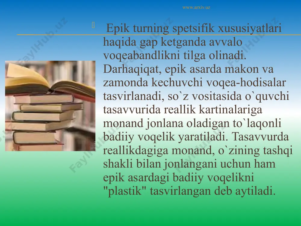 haxs roviy yoki hikoyachi deb yuritiladi. yuqorida aytganimizdek, epik asarda rivoya ko`pincha muallif tilidan, ba`zan esa personajlardan biri tilidan olib boriladi. masalan, g`afur g`ulomning "shum bola", "yodgor", x.to`xtaboyevning "sariq devni minib", e.a`zamovning "otoyining tug`ilgan yili" kabi qissalarida rivoya personaj tilidan olib boriladi. www.arxiv.uz shuningdek, rivoya asosan muallif tilidan olib borilgan asarlarda ba`zan epizodik ravishda roviy-personajning paydo bo`lishi ham kuzatiladi. masalan, "o`tgan kunlar"da rivoya muallif tilidan olib boriladi, romanga kiritilgan "usta olim hikoyasi"da esa rivoya personaj tilidan olib boriladi. roviyning o`zgarishi, tabiiyki, muayyan badiiy-estetik maqsadlarga xizmat qiladi. buni yuqorida eslatganimiz "o`tgan kunlar"da roviyning o`zgarishini yuzakigina mushohada qilinsayoq ko`rish mumkin bo`ladi. www.arxiv.uz epik asarlarni janrga ajratish prinsiplari masalasida adabiyotshunoslikda turlichalik mavjud. bunda bir qator xususiyatlarni e`tiborga olish zarur bo`ladi. avvalo, epik asarlardagi hayotni badiiy qamrov ko`lami turlicha bo`lishidan kelib chiqiladi. masalan, epik asar qahramon hayotidan birgina epizodni (hikoya), butun bir etapni (qissa) yoxud qahramon hayotining katta bir davrini (roman) qalamga oladi. shunga …