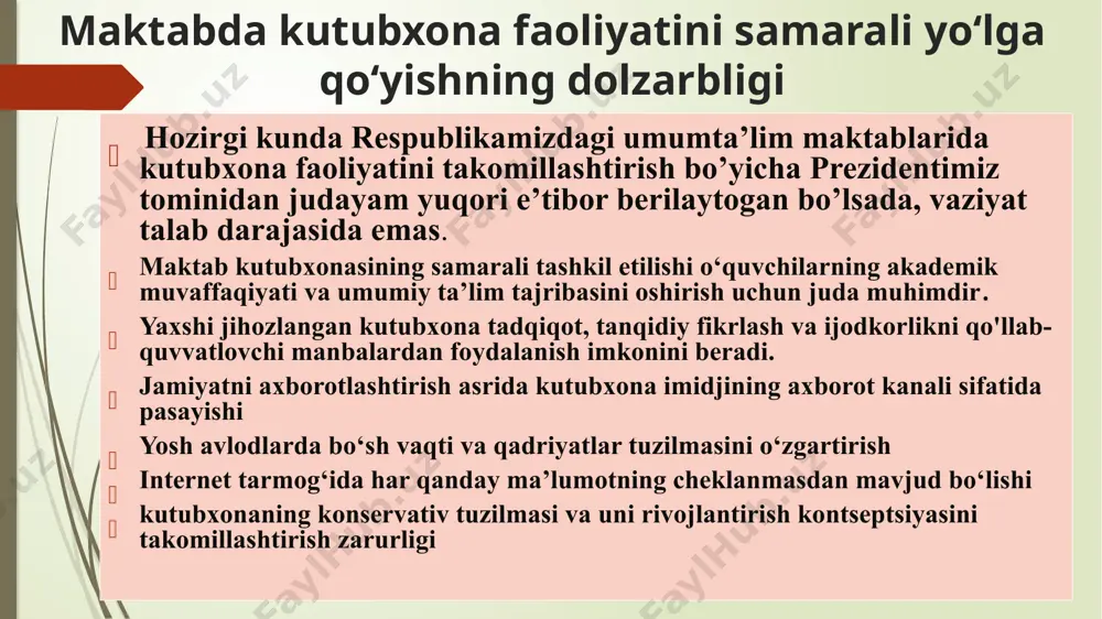 o’qituvchilar bilan tenglashtirilgan maosh (rossiya) ish samaradorligi oshirish uchun oylik maoshlarini oshirilishini. 3 kutubxonachilar o’rtasida mahorat darslari tashkillashtirilmaganligi sababli tajribasizlikka olib kelmoqda doimo semenarlar va mahorat darslari hamda treninglar mavjud(germaniya) kutubxonachilarni tajribali kutubxonachilar bilan o’zaro mahorat darslari ham seminarlar o’tkazilishi 4 o’quvchilar uchun taklif etilayotgan adabiyotlarning kamligi. o’quvchilarning barcha o’zgarib boruvchi talablari qondiril boradi. (germaniya) kutubxona fondini boyitish. 5 darslarda milliy va jahon adabiyotlariga bog’lab o’tilmasligi. har bir mavzu albatta darslik tashqari adabiyotlar bilan bog’lanadi. darslarda kutubxona fondidan foydalanishlarni yo’lga qo’yish. xulosa takliflarim kutubxona xodimlari bilan hamkorlikda kitob taqdimotlari o’tkazish. maktabda sinflarda o’quvchilar orasidan kutubxonachi saylash. #chellengini o’tkazish har bir fan o’qituvchisi o’z faniga oid darsliklardan tashqari qo’shimcha adabiyotlar ro’yxatini kutubxonaga va o’quvchiga berishi o’qituvchilar o’zlari shaxsiy namuna ko’rsatishi kutubxona o’qish zallarini maktabning tinch yorug’ qismiga joylashtrish elektronik kutubxonani rivojlantirish uchun mobil ilova va veb-sayt yaratish uchun dasturchilarni qo‘llash. - foydali elektronik resurslar, audio kitoblar va elektronik darsliklarga kirishni yanada …