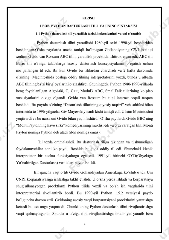 di. uni cnri korparatsiyasiga ishlashga taklif etishdi. u o`sha yerda ishladi va korparatsiya shug`ullanayotgan proektlarni python tilida yozdi va bo`sh ish vaqtlarida tilni interpretatorini rivojlantirib bordi. bu 1990-yil python 1.5.2 versiyasi paydo bo`lguncha davom etdi. gvidoning asosiy vaqti korparatsiyani proektlarini yaratishga ketardi bu esa unga yoqmasdi. chunki uning python dasturlash tilini rivojlantirishga vaqti qolmayotgandi. shunda u o`ziga tilni rivojlantirishga imkoniyat yaratib bera oladigan homiy izladi va uni o`sha paytlarda endi tashkil etilgan beopen firmasi qo`llab quvvatladi. u cnri dan ketdi, lekin shartnomaga binoan u python 1.6 versiyasini chiqarib berishga majbur edi. beopen da esa u python 2.0 versiyani chiqardi. 2.0 versiyasi bu oldinga qo`yilgan katta qadamlardan edi. bu versiyada eng asosiysi til va interpretatorni rivojlanish jarayoni ochiq ravishda bo`ldi. shunday qilib 1.0 versiyasi 1994-yil chiqarilgan bo`lsa, 2.0 versiyasi 2000-yil, 3.0 versiyasi esa 2008-yil ishlab chiqarildi. hozirgi vaqtda uchinchi versiyasi keng qo`llaniladi. python dasturlash tili imkoniyatlari python – bu o'rganishga oson …