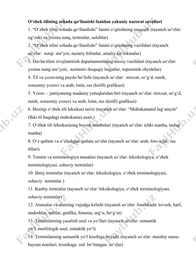 o‘zbek tilining sohada qo‘llanishi fanidan yakuniy nazorat savollari — DOCX