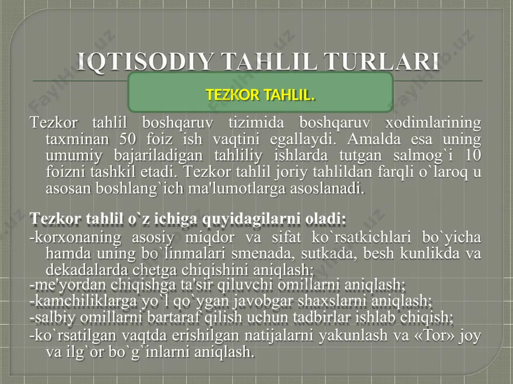 jamoasining umumiy majlis matеriallari kiradi. ushbu mavzuni o`rganish natijasida iqtisodiy tahlilning turlarini turkumlash, ularni umumlashtirish va bir tizimga kеltirish hamda ushbu fanning istiqbolda yanada takomillashtirish yo’llarini hususan rеtrospеktiv (joriy), tеzkor, istiqbol, moliya iqtisodiy, tеhnik iqtisodiy, taqqoslama va funktsional qiymat tahlilini o`tkazish usullarini, iqtisodiy tahlilda qo`llaniladigan asosiy iqtisodiy ko`rsatkichlarni axborot manbalarini, qo`llaniladigan ma`lumotlar manbalarining to’g’riligini tеkshirish usullarini, ma'lumotlardan tashqi va ichki foydalanuvchilariga qanday maqsad uchun kеrakligini, tahlil natijalari qanday rasmiylashtirish kabilarni o’rganishdir. e’tiboringiz uchun rahmat image12.png image13.png image14.png image15.png image16.png image17.png image18.png image19.png image20.png image21.png image4.png image22.png image23.png image24.png image25.png image26.png image27.png image28.png image29.png image30.png image31.png image5.png image32.png image33.png image34.png image35.png image36.png image37.png image38.png image39.png image40.png image41.png image6.png image42.png image43.png image44.png image45.png image46.png image47.png image48.png image49.png image50.png image51.png image7.png image52.png image53.png image54.png image55.png image56.png image57.png image58.png image59.png image60.png image61.png image8.png image62.png image63.png image64.png image65.png image66.png image67.png image68.png image69.png image70.png image71.png image9.png image72.png image73.png image74.png image75.png image76.png image77.png image78.png image79.png image80.png image81.png …