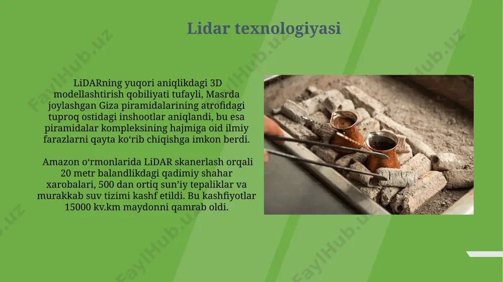 larni yaratish virtual muhitlarni yaratishda fotogrammetriya texnologiyasi orqali 2000 ta fotosuratdan foydalanib, misrning giza piramidalarini o’z ichiga olgan virtual muhit yaratildi, bu sayyohlar uchun 360° ko’rish imkoniyatini beradi. 3d skanerlash texnologiyalari yordamida pompei shahri kabi qadimgi joylarning virtual muhitlarini yaratish, 10 000 dan ortiq ob’ektlarning 3d modellari bilan 2023-yilda yakunlandi. suv osti arxeologiyasidagi texnologiyalar suv osti robotlari, masalan, rovlar, marmaris yaqinidagi suv osti qazishmalarda 1500 yillik amforalarni nozik tarzda ko'tarish va aniq joylashtirish imkonini berdi, bu asarlarga zarar yetkazmaslik uchun muhim edi. suv osti arxeologiyasida 3d skanerlash texnologiyalari, masalan, pompeydagi suv osti qazishmalarida qo'llanilgan batimetriya usullari bilan birgalikda 1000 dan ortiq artefaktni aniqlashga yordam berdi. masofadan zondlash texnologiyalari yaqin infraqizil spektroskopiyasi (nirs) yordamida, rim imperiyasi davriga oid italiyaning pompeya shahridagi freskalardagi organik bo'yoqlarning tarkibi 95% aniqlikda aniqlanishi mumkin. masofadan zondlashning georadar (gpr) texnologiyasi 30 sm gacha chuqurlikdagi tuproq qatlamlarini skanerlashga imkon beradi va bu orqali misrning giza piramidalarida yashirin xonalarni …
