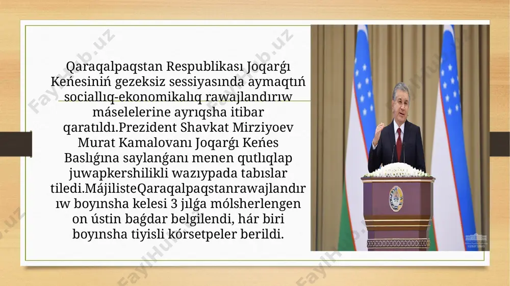 , "fidokorlar" milliy demokratiyalıq partiyasınıń qaraqalpaqstan respublikası shólkemi (1999.22.01),ózbekstan liberal-demokratiyalıq partiyası qaraqalpaqstan respublikası shólkemi(2004.23.01) hám "ekologiyalıq" partiyasınıń qaraqalpaqstan respublikası shólkemi jumıs alıp baradı. qaraqalpaqstan qızılqum shóliniń arqa-batısı, ústirt platosının qubla-shıģis bóliminde hám ámiwdárya deltasında jaylasqan.aral teńiziniń qubla bólimi qaraqalpaqstan aymaǵında.qızılqumnıń arqa-batıs bólimi aral teńizi tárepke tómenlep baradı barıwshı keń tegislik bolıp, qatar tóbe hám qumlı barxanlar(bálentligi 75 m den 100 m ge shekem) ushırasadı. ayrıqsha taw massivleri(eń úlkeni - sultan uvays tawı, shıģıları 473 m hám 485 m) bar. suwgarılatuǵın jerler hám suwǵarıw kanalları tiykarınan deltanı'ń oń tárepinde jaǵa boyında. batısında birneshe batıqlı (barsakelmes, asakaovdon oypatlıqlarının biyikligi 29-101 m) ústirt platosı jaylasqan. platon aral teńizi hám ámiwdárya deltasına tik janbawırlı jarlıq - chinkler payda bolıp túsken. ústirtten qubla-shıgista sariqamıs soylıǵınıń arqa shetiniń jaylasqan. taqıyatas ıssılıq elektr stanciyası respublika hám qońsı wálayatlardıń elektr energiyasına bolǵan talabın qanaatlandıradı (stanciyanıń ortasha jıllıq quwatlılıǵı 443,4mvt). 1996-jılı qońırat rayonında "ústirtgaz" kárxanasınıń iske túsiriliwi menen janılģı …