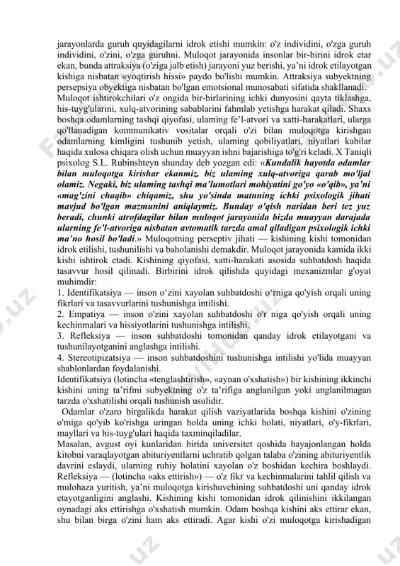 ini muayyan ijtimoiy guruhga xos xislatlar unga ham xos deb qarashda namoyon boʻladi. har birimizda muayyan ijtimoiy stereotiplar – oʻqituvchi, harbiy kishi, jinoyatchi kabi guruhlarning stereotiplari mavjud. muayyan guruhning vakiliga duch kelganda, biz oldindan unga ushbu guruh vakillari boʻlgan kishilarga xos muayyan xislatlarni unga ham xos deb qabul qilamiz. koʻpincha bunday stereotipdan xalos boʻlish juda qiyin boʻladi . ijtimoiy idrok etish effektlari ijtimoiy mayl bilan chambarchas bogʻliq, uning paydo boʻlishiga olib keladi. ijtimoiy maylning oʻzi insonning boshqa odamni idrok etishga ruhan tayyor boʻlishi sifatida tahriflanishi mumkin. notanish kishi haqida taassurotning shakllanishida maylning ahamiyati ayniqsa katta a.a. bodalevning ushbu holda ijtimoiy maylning ahamiyatini ochib bergan eksprimentlari yaxshi malum. eksprimentlardan birida ikki guruh odamlarga aynan bir kishining surati koʻrsatilgan. ammo suratni koʻrsatishdan avval birinchi guruhga suratdagi kishining ashaddiy jinoyatchi ekanligi, ikkinchi guruhga esa bu shaxsning katta olim ekanligi aytilgan. shundan soʻng har bir guruhga fotosuratdagi kishini ogʻzaki portretini tasvirlab berish soʻralgan. birinchi …