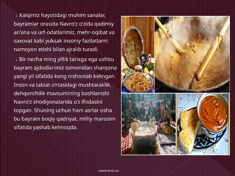 t bo‘limi mudiri safura ro‘zimurodova. – jumladan, abu rayhon beruniyning “qadimgi xalqlardan qolgan yodgorliklar”, abulqosim firdavsiyning “shohnoma”, mahmud qoshg‘ariyning “devonu lug‘atit-turk”, abu bakr al-narshaxiyning “buxoro tarixi” asarlarida navro‘z tarixi, bu bayramdagi marosim va ijro etiladigan xalq qo‘shiqlari bilan bog‘liq ma’lumotlar keltiriladi. ularda bayon etilishicha, navro‘zni bayram sifatida nishonlash miloddan avvalgi vi-v asrlarda boshlangan. www.arxiv.uz www.arxiv.uz navro‘zda o‘tkaziladigan asosiy marosimlardan biri bu – sumalak pishirish bilan bog‘liq. sumalak bahor oylarida, asosan, navro‘z munosabati bilan tayyorlanadigan qadimiy va shifobaxsh taomdir. uning kelib chiqish tarixi bo‘yicha ko‘plab rivoyatlar mavjud. ammo, shunisi e’tiborliki, sumalak qo‘ni-qo‘shni, qarindosh-urug‘, umuman ko‘pchilik ishtirokida tayyorlanadi va bu jarayonda odamlar o‘rtasidagi munosabatlar mustahkamlanadi. navro`z xaqidagi qadimgi turk afsonalarida esa bu umumxalq bayramining paydo bo`lishi ajdodlarimizning baxor fasli va ko`klamgi dala ishlarining boshlanishiga aloqador udumlariga bog`lanadi. navro`z 21 martdan 22 martga o`tar kechasi "qozon to`la" udumi bilan boshlanadi. shu oqshomda kechasi bilan ko`pchilik bo`lib sumalak va xalim ham pishirilgan. bu taomlar …