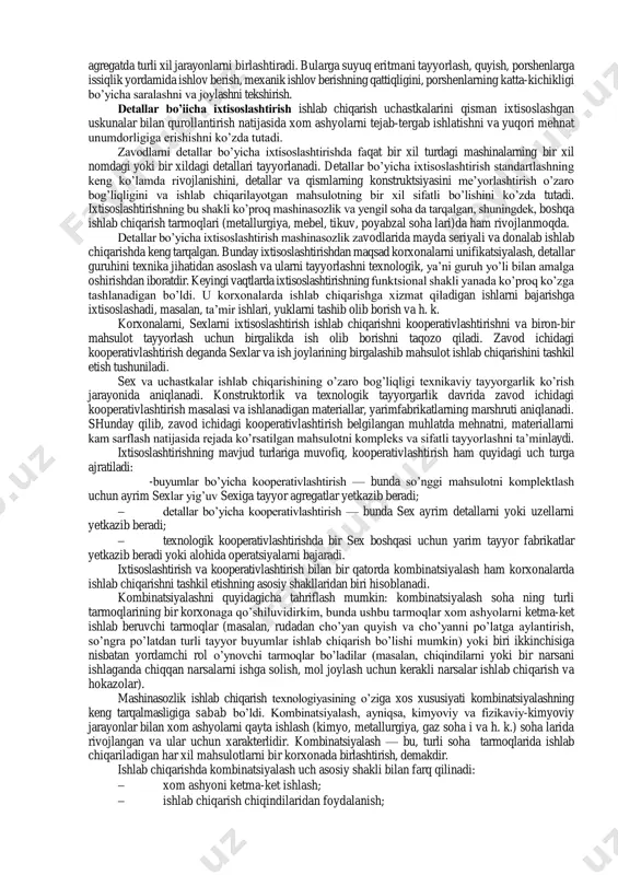 iya, bug’, havo va h.k.)lar bilan ishlab chiqarish uchun xizmat qilish. xizmat qilish jarayoniga korxonalarning moddiy-texnika ta’minoti, tayyor mahsulotni sotish, transport bilan xizmat qilish va hokazolar kiradi. mehnat qurollariga ta’sir qilishning usullariga va xarakteriga qarab asosiy va yordamchi jarayonlar: qo’l bilan, mashina-qo’l bilan, mashina bilan, avtomatlashtirilgan va apparat bilan bajariladigan jarayonlarga bo’linadi. qo’l bilan bajariladigan jarayon asosan mehnat predmetlari shaklining o’zgarishiga qaratilgan bo’ladi. mashina va qo’l yordami bilan bajariladigan jarayonga faqat mashina bilan bajariladigan ish elementlarigina emas, balki qo’l mehnati bilan bajariladigan ish ham kiradi. masalan, detallarni qo’l bilan olib turish usulida stanokda ishlov berish. mashina va mexanizmlar yordami bilan bajariladigan jarayonda materiallarning shakli, katta-kichikligi, ko’rinishi, holati o’zgaradi va ishchilarning qatnashishi chegaralangan bo’ladi. avtomatlashtirilgan jaryonlar ishchilar qatnashmagan holda yoki faqat ularning kuzatuvi yordamida amalga oshiriladi. apparatli jarayon fizikaviy, kimyoviy va issiqlik jarayonlariga aloqador bo’lib, bu maxsus agregatlarda texnologik jarayonlarning bajarilishi bilan xarkterlanadi. ishlab chiqarish jarayonlari vaqt bo’yicha davom etish xususiyatlariga …