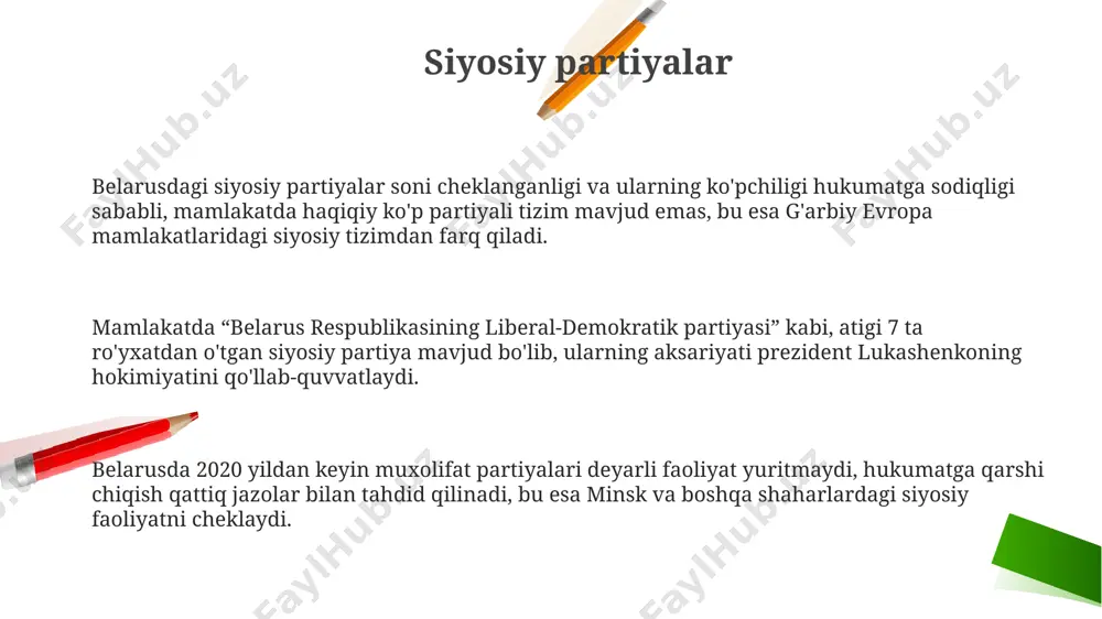 at rahbari va qudratli ijroiya hokimiyatga ega, 2020 yildagi saylovlardan keyin aleksandr lukashenko 6-muddatga prezident etib saylandi. siyosiy madaniyat minskda hukumatga qarshi namoyishlar kamdan-kam hollarda bo'lib, ular tezkor ravishda bostirilgan va ishtirokchilari 5 yildan ortiq qamoq jazosiga hukm qilingan. qishloq joylarda lukashenkoning qo'llab-quvvatlashi shaharlarga nisbatan yuqoriroq bo'lib, bu mamlakatning geografik jihatdan notekis siyosiy madaniyatini aks ettiradi. belarusda siyosiy madaniyat 1990-yillardan beri avtoritarizm tomon yo'nalgan bo'lib, 2020 yildagi prezidentlik saylovlaridan keyin repressiyalar kuchaygan. parlament va uning vakolatlari parlament a’zolarining 1/2 qismi saylovlar orqali, qolgan 1/2 qismi esa belarus prezidenti tomonidan tayinlanadi, bu esa prezidentning kuchli ta’sirini ko'rsatadi. belarus parlamenti, milli assambleya, ikki palatadan – vakillar palatasi (110 a’zo) va respublika kengashidan (64 a’zo) iborat bo'lib, minskda joylashgan. qonun loyihalarini qabul qilish, byudjetni tasdiqlash va davlatning muhim masalalarini muhokama qilish kabi vakolatlarga ega bo'lsa-da, parlamentning haqiqiy vakolati cheklangan. saylovlar tizimi mahalliy saylovlarda minsk shahri va boshqa yirik shaharlarda ham hukumatga sodiq nomzodlarning …