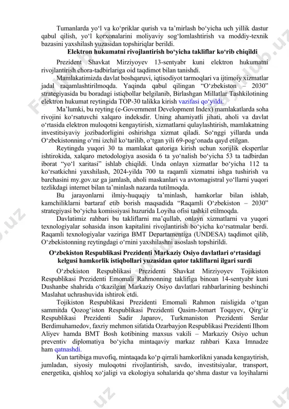 shunday qilsak, loyihani tanlab olishda va sifatni ta’minlashda ochiqlik bo‘ladi, to‘liq jamoatchilik nazorati o‘rnatiladi, – dedi prezident. kelgusi yil mazkur dastur uchun kamida 800 milliard so‘m ajratilishi belgilandi. ma’lumki, rivojlangan mamlakatlarda ham yo‘llarni qurish yoki ta’mirlash to‘liq davlat hisobidan amalga oshirilmaydi. yurtimizda xususiy sheriklik bo‘yicha qonuniy asoslar yaratilgan bo‘lsa-da, yo‘l sohasida bu jarayon sust ketmoqda. shu bois investorlarga qo‘yiladigan shartlar va davlatning majburiyatlarini aniq belgilab, yo‘l loyihalariga xususiy sheriklarni faol jalb qilish zarurligi qayd etildi. shuncha mablag‘ va mehnat bilan qurilayotgan yo‘llarni sifatli saqlash ham zarur. masalan, chet ellarda yo‘llarda yuk transportlari vaznini o‘lchaydigan nazorat tarozilari o‘rnatiladi. bunday tarozilarni mamlakatimizda ham xususiy sheriklik asosida o‘rnatish taklifi bildirildi. shaharlardagi yo‘llarni saqlash va atrofini ko‘kalamzorlashtirish uchun obodonlashtirish boshqarmalari maxsus texnikalar bilan ta’minlanadi. bugungi kunda yo‘llarda huquqbuzarliklarni qayd etuvchi 2 ming 500 dan ziyod kamera va radarlar o‘rnatilgan. aholi yashash joylarida cheklangan tezlik 60 kilometr-soatga tushirilgan. natijada yo‘l-transport hodisalari 30 foizga kamaygan. haydovchilarga …