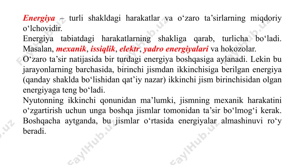 qlanish qonuni deyiladi. jismlarning absolyut elastik va noelastik to‘qnashishi to‘qnashish deb, ikki yoki undan ko‘p jismlarning juda qisqa vaqt davomidagi ta’sirlashuviga aytiladi. to‘qnashish tabiatda juda ko‘p uchraydi. bilyard sharlarining to‘qnashuvi, odamning yerga sakrashi, bolg‘acha bilan mixning qoqilishi, futbolchining to‘p tepishi va hokazolar to‘qnashishga misol bo‘ladi. to‘qnashish natijasida jismlarning deformatsiyalanishiga qarab ular ikki turga: absolyut elastik va absolyut noelastik to‘qnashishlarga bo‘linadi. absolyut noelastik to‘qnashish. absolyut noelastik to‘qnashish deb, ikkita deformatsiyalanadigan sharlarning to‘qnashib, birga yoki bir xil tezlik bilan harakatlanishiga aytiladi. to‘qnashuvdan so‘ng sharlar birlashib, harakat qilishi mumkin. absolyut elastik to‘qnashish deb, ikkita defor matsiyalanmaydigan sharlarning to‘qnashishiga aytiladi. bunda sharlar ning to‘qnashishdan oldingi kinetik energiyalari, to‘qnashishdan keyin ham to‘laligicha kinetik energiyaga aylanadi. absolyut elastik to‘qnashishda impulsning va kinetik energiyaning saqlanish qonunlari bajariladi. massali sharlarning to‘qnashishgacha tezliklari mos ravishda to‘qnashishdan keyin esa bo‘lsin. shu hol uchun impulsning va kinetik energiyaning saqlanish qonunlari quyidagicha bo‘ldi: statika jismlarning muvozanatda bo‘lish shartlari aylanish o‘qiga ega bo‘lmagan …