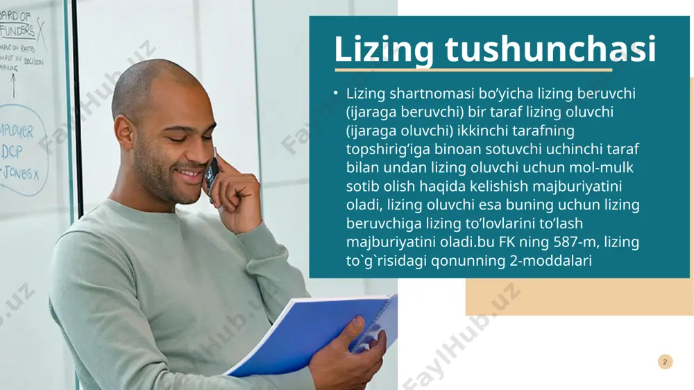 lizing oluvchi lizing beruvchi oldida lizing shartnomasi yuzasidan javobgar bo‘lib qolgani holda, lizing shartnomasi bo‘yicha olgan lizing obyektini lizing beruvchining yozma roziligi bilan vaqtinchalik egalik qilish va foydalanish uchun uchinchi shaxsga qo‘shimcha lizingga topshirishga haqli. bunda ushbu qonunning qoidalari qo‘shimcha lizing shartnomasida qo‘shimcha lizing beruvchiga, qo‘shimcha lizing oluvchiga va sotuvchiga nisbatan muvofiq ravishda lizing beruvchiga, lizing oluvchiga va sotuvchiga bo‘lganidek qo‘llaniladi. qo‘shimcha lizing shartnomasining amal qilish muddati lizing shartnomasining amal qilish muddatidan ortiq bo‘lishi mumkin emas. fk 596-m q ng 6 moddalari. 3 lizing subyektlarining majburiyati 4 javobgarligi huquqlari 4 lizing beruvchining huquq,majburiyat va javobgarligi lizing oluvchining lizing obyektidan qanday sharoitlarda foydalanayotganligini va uni belgilangan maqsadiga muvofiq ishlatayotganligini lizing shartnomasi shartlariga hamda qonunchilik talablariga muvofiq nazorat qilish; lizing oluvchining roziligi bilan lizing obyekti va uning sotuvchisini tanlash; qonunchilikda yoki lizing shartnomasida nazarda tutilgan hollarda va tartibda lizing oluvchidan lizing obyektini talab qilib olish; lizing oluvchi tomonidan o‘z majburiyatlarining jiddiy ravishda …