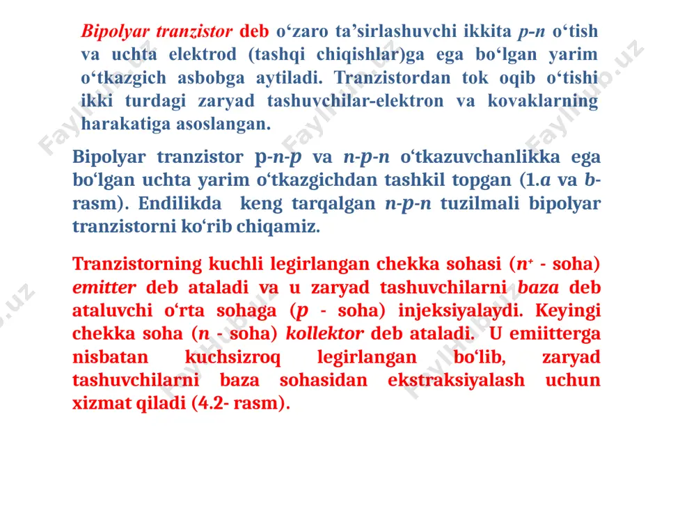 t qilinadi. bu holat baza kengligini kamaytirish hisobiga amalga oshiriladi wln (elektronlarning diffuziya uzunligi). rasmlardan ko‘rinib turibdiki, chiqish kuchlanishining o‘zgarishi kirish harakteristiklarini siljishiga olib keladi. harakteristikaning siljishi erli effekti (baza kengligining modulyasiyasi) bilan aniqlanadi. buning ma’nosi shundaki, kollektor o‘tishdagi teskari kuchlanishning ortishi uning kengayishiga olib keladi, bu vaqtda baza sohasidagi kengayish uning kengligining kichrayishi hisobiga sodir bo‘ladi. baza kengligining kichrayishi ikkita effektga olib keladi: zaryad tashuvchilar rekombinasiyasining kamayishi hisobiga baza tokining kamayishi va bazadagi asosiy bo‘lmagan zaryad tashuvchilar konsentrasiya gradiyentining ortishi hisobiga emitter tokining ortishi. chiqish harakteristikalari ko‘rinishiga ko‘ra teskari ulangan diod vax siga o‘xshaydi, chunki kollektor o‘tish teskari ulangan. harakteristikalarni qurishda kollektor o‘tishning teskari kuchlanishini o‘ngda o‘rnatish qabul qilingan (5 – rasm). 5 – rasm. bipolyar tranzistorlarning chqish xarakteristikalari: (a) - ik= f (uke), (b) - ik= f (ukb). 16 .bipolyar tranzistorlarning fizik parametrlari tok bo‘yicha vakoeffisiyentlar statik parametrlar hisoblanadi, chunki ular o‘zgarmas toklar nisbatini ifodalaydilar. ulardan tashqari tok …