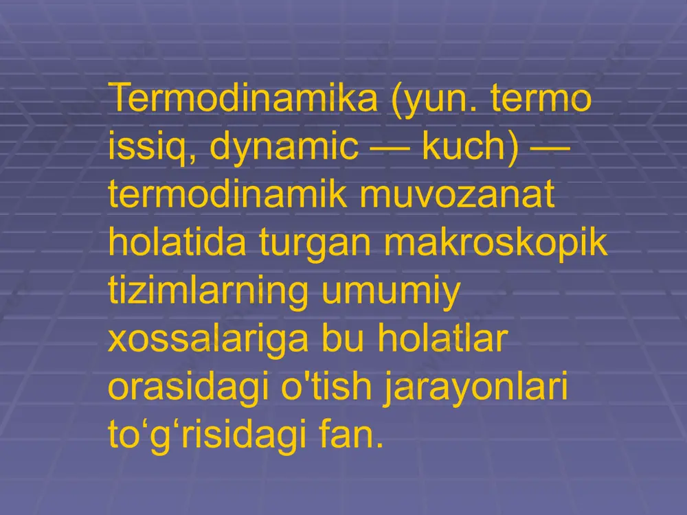 chunki modda har qancha o’zgarmasin, u energiyasiz bo’la olmaydi. ichki energiya tushunchasi sistemaga oid, issiqlik va ish tushunchalari zsa faqat protsyosslarga oid tushunchalardir. issiqlik va ish faqat protsess oqimida namoyon bo’ladi. ish va issiqlik energiyaning berilish formalaridir. shuning uchun ham protsessdagi ish — a va issiqlik — q protsess qay tarzda borishiga albatta bog’llq bo’ladi. ichki energiyaning o’zgarishi protsessning qay tarzda borishiga bog’liq emas, u faqat sistemaning dastlabki va oxirgi holatlariga bog’lik. moddalarning issiqlik sig’imi moddani 1° isitish uchun ketgan issiqlik miqdori shu moddaning issiqlik sig’imi deyiladi. 1 g moddani 1° isitish uchun ketgan issiqlik miqdori shu moddaning solishtirma issitslik sig’imi deyiladi. 1 gramm-molekula moddani 1° isitish uchun zarur bo’lgan issiqlik miqdori shu moddaning molyar issiqlik sig’imi deb, 1 gramm atom moddani 1° isitish uchun zarur bo’lgan issiqlik miqdori esa shu moddaning atom issiqlik sig’imi deb ataladi. moddalarning issiqlik sig’imi (xuddi solishtirma og’irligi, qaynash temperaturasi va hokazolari kabi) juda muhim …