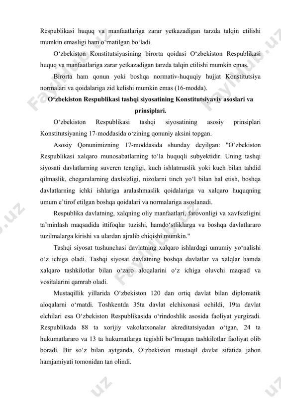arni o‘rnatdi. toshkentda 35ta davlat elchixonasi ochildi, 19ta davlat elchilari esa o‘zbekiston respublikasida o‘rindoshlik asosida faoliyat yurgizadi. respublikada 88 ta xorijiy vakolatxonalar akreditatsiyadan o‘tgan, 24 ta hukumatlararo va 13 ta hukumatlarga tegishli bo‘lmagan tashkilotlar faoliyat olib boradi. bir so‘z bilan aytganda, o‘zbekiston mustaqil davlat sifatida jahon hamjamiyati tomonidan tan olindi. o‘zbekiston respublikasi konstitutsiyasiga kiritilgan o‘zgartirish va qo‘shimchalar. bizga ma’lumki, 1993 yil 28 dekabrda birinchi bor konstitutsiyaga o‘zgartirish va qo‘shimcha kiritilgan bo‘lib, "o‘zbekiston respublikasining konstitutsiyasiga o‘zgartirishlar va qo‘shimchalar kiritish to‘g‘risida" gi o‘zbekiston respublikasining qonunida shunday deyilgan edi: “o‘zbekiston respublikasi konstitutsiyasi 77-modda 1-qismidagi “150 nafar deputatdan” degan so‘zlar “deputatlardan” degan so‘z bilan almashtirilsin”. konstitutsiyaviy qonun asosida 2003 yil 24 apreldagi "o‘zbekiston respublikasining konstitutsiyasiga o‘zgartirishlar va qo‘shimchalar kiritish to‘g‘risida"gi o‘zbekiston respublikasining qonuniga muvofiq konstitutsiyaning xviii, xix, xx, xxiii boblariga o‘zgartirishlar va qo‘shimchalar kiritildi. jumladan, konstitutsiyamizning o‘zbekiston respublikasi oliy majlisi deb nomlangan xviii bobi ilgari bir palatali parlamentga bag‘ishlangan bo‘lsa endilikda mazkur bobda ikki …