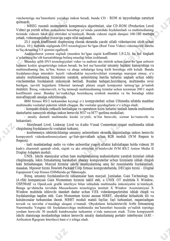 oqa; - televizion va radio koʻrsatuvlari; - disketa va cd-rom lar. avvalombor, distant uslubi asosida oʻqitish, jugrofiy jihatdan uzoqda joylashgan maktablar va akademik ta’lim uchun moʻljallangan edi. lekin, zamonaviy axborbtlar va telekommunikatsion texnologiyalarining rivojlanishi tabiiy ta’lim-tarbiya jarayonini uzoq masofadan turib amalga oshirishga yoʻl ochib berdi. natijada distant uslubi asosida oʻqitish, tez vaqt ichida koʻpgina maktablarda, tijoratchilar ichida va ishlab chiqarish korxonalarida keng qoʻllanila boshladi va oʻqitishda yangi uslublarni qoʻllashga yana bir turtki boʻldi. distant uslubi asosida oʻqitishning xalqaro kengashining tahlillari shuni koʻrsatmoqdaki, hozirgi kunda jahonda 10 milliondan ortiq talabalar shu uslub asosida ta’lim olishmoqda. aqshda shu uslub asosida oʻqitish maqsadida yangi oʻquv markazlari barpo etilmoqda. shunday qilib, ular milliy kadrlarni zamon talabi asosida tayyorlash va qayta tayyorlash uchun olga qadam qoʻyishmoqda. bugungi kunda matnlar va matematik formulalarni qayta ishlash uchun odatiy tusga aylangan tovush va tasvirning kompyuterli qayta ishlash imkoniyatining paydo boʻlishi, shubhasiz, butun insoniyat faoliyatiga ta’sir koʻrsatadi. multimedia tizimlarni …