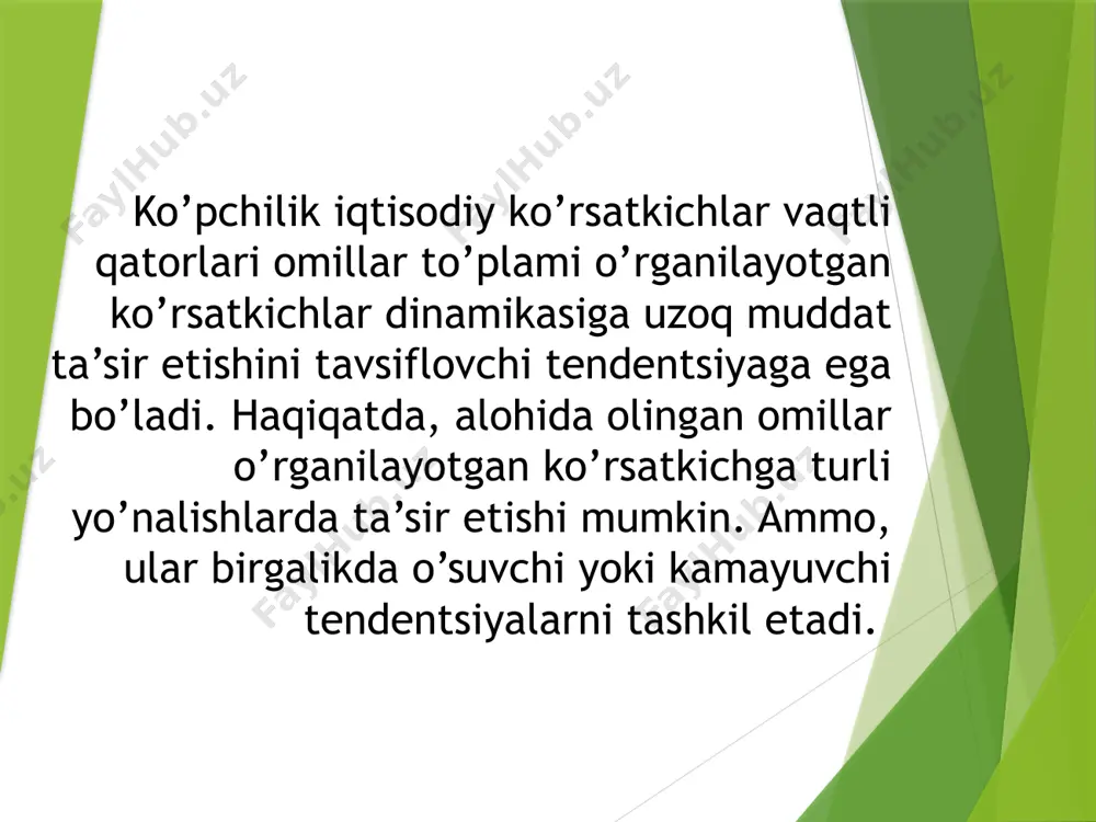 asi taxminan o’zgarmas bo’lsa, turli tsikllar uchun masumiy komponentalar qiymatlari o’zgarmas bo’lgan vaqtli qatorning additiv modeli tuziladi. agar masumiy tebranish amplitudasi o’sib yoki kamayib borsa, davriy qatorning darajasi masumiy komponentani qiymatiga bog’liq bo’lgan vaqtli qatorning multiplikativ modeli tuziladi. additiv va multiplikativ modellarni tuzish vaqtli qatorning har bir darajasi uchun t, s va e kompnentalarning qiymatlarini hisoblashga olib keladi. modelni tuzish jarayoni bir necha bosqichdan iborat: berilgan qatorni sirg’anchiq o’rtacha usul bilan tekslash; 2. s – mavsumiy komponentaning qiymatini hisoblash; 3. qator tenglamasidan mavsumiy komponentalarni chiqarib tashlash va additiv modelda (t+e) yoki multiplikativ modelda (t·e) tekslangan qiymatlarni topish; 4. (t+e) yoki (t·e) darajalarni analitik tekslash va hosil bo’lgan trend tenglamasini qo’llab t ning qiymatlarini hisoblash; 5. hosil bo’lgan modelda (t+e) yoki (t·e)ning qiymatlarini hisoblash; 6. mutloq va/yoki nisbiy hatoliklarni hisoblash. esty e’tiboringiz uchun raxmat!!! image1.png image2.png image3.png image4.png /docprops/thumbnail.jpeg