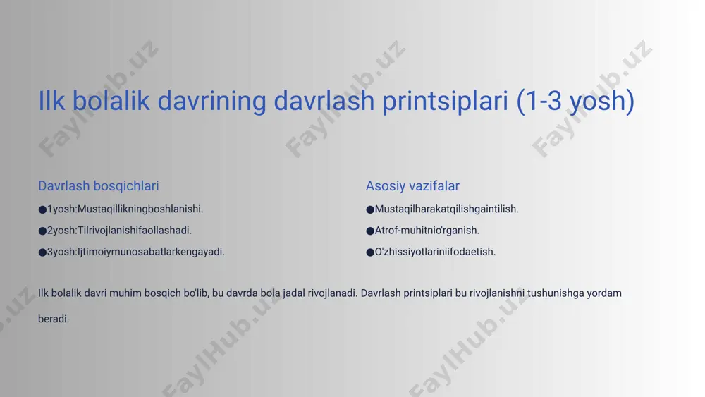 sifatida shakllanishiga ta'sir qiladi. hissiyotlarni ifoda etish va tushunish muhim. boshqalarning his-tuyg'ularini tushunish. hissiyotlar o'z-o'zini anglash empatiya o'yin faoliyatining roli va turlari 1 2 rollarga bo'linish o'yinlari o'zini boshqa odam o'rnida his qilish. konstruktiv o'yinlar narsalarni qurish va yaratish. harakatli o'yinlar yugurish, sakrash, to'p o'ynash. 3 o'yin faoliyati bolaning rivojlanishi uchun muhim. o'yin orqali bola dunyoni o'rganadi va ijtimoiy ko'nikmalarni rivojlantiradi. kattalar bilan munosabatlarning ta'siri ota-onalar sevgi,g'amxo'rlikvaqo'llab-quvvatlash. pedagoglar ta'limvatarbiyaberish. boshqa kattalar namunabo'lishvaijtimoiyko'nikmalarni o'rgatish. kattalar bilan munosabatlar bolaning rivojlanishiga katta ta'sir qiladi. bolaning xavfsiz va ishonchli muhitda o'sishi muhim. psixik rivojlanishdagi mumkin bo'lgan qiyinchiliklar va yechimlari 15% nutq kechikishi 10% harakat buzilishi 5% ijtimoiy moslashuv psixik rivojlanishda qiyinchiliklar bo'lishi mumkin. erta tashxis qo'yish va yordam berish muhim. xulosa va tavsiyalar ilk bolalik davri bolaning kelajakdagi rivojlanishi uchun muhim poydevor hisoblanadi. kattalar bolaning rivojlanishiga e'tiborli bo'lishi kerak. bolaning har tomonlama rivojlanishi uchun sharoit yaratish muhim. image1.png image2.jpeg image3.jpeg image4.jpeg image5.png image6.png image7.png …