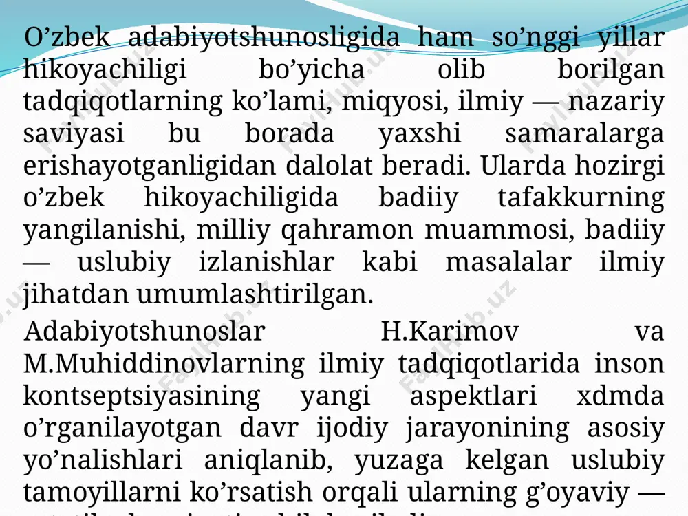 yo’sinda ilk bor amalga oshirilib, bashariy qadriyatlar bosh mezon hisoblangan nazariy — estetik qarashlar asosida ilmiy umumlashtirilmoqda. dissertatsiyada mustaqillik davri o’zbek hikoyachitshgida inson kontseptsiyasi masalasining quyidagi jihatlari yoritildi: inson kontseptsiyasining har bir adib ijodida o’ziga xos zohir bo’lishi o’rganildi; qahramonlarning ma’naviy — axloqiy dunyosi o’rganilib, ularni aks ettirishdagi badiiy — estetik izlanishlar yoritildi; inson kontseptsiyasining falsafiy — intellektual, ma’naviy — axloqiy jihatlari tahlil va tadqiq etildi; ziddiyatning tuyg’ular kolliziyasi, fikr — kechinmadagi botiniyko’rinishlari aniqlanib, o’ziga xos belgilari ko’rsatildi; inson kontseptsiyasining badiiy asar «yuragi» sifatida hikoyachilikda yuzaga keltirgan yetakchi tamoyillari nazariy jihatdan umumlashtirildi. bmining metodologik asosi va metodi. o’zbekiston respublikasi prezidenti ia.karimov asarlaridagi adabiyot va san’at, ma’naviyat va ma’rifat xdmda milljy mafkura va milliy g’oya masalalari bmining tuzilishi. bmi kirish, uch bob, 6 fasl, xulosa hamda foydalanilgan adabiyotlar ro’yxatidan iborat. bmining umumiy hajmi 126 sahifani tashkil etadi. bmining asosiy mazmuni dissertatsiyaning «kirish» qismida mavzuning dolzarbligi, muammoning o’rganilish darajasi, tadqiqotning maqsad hamda …