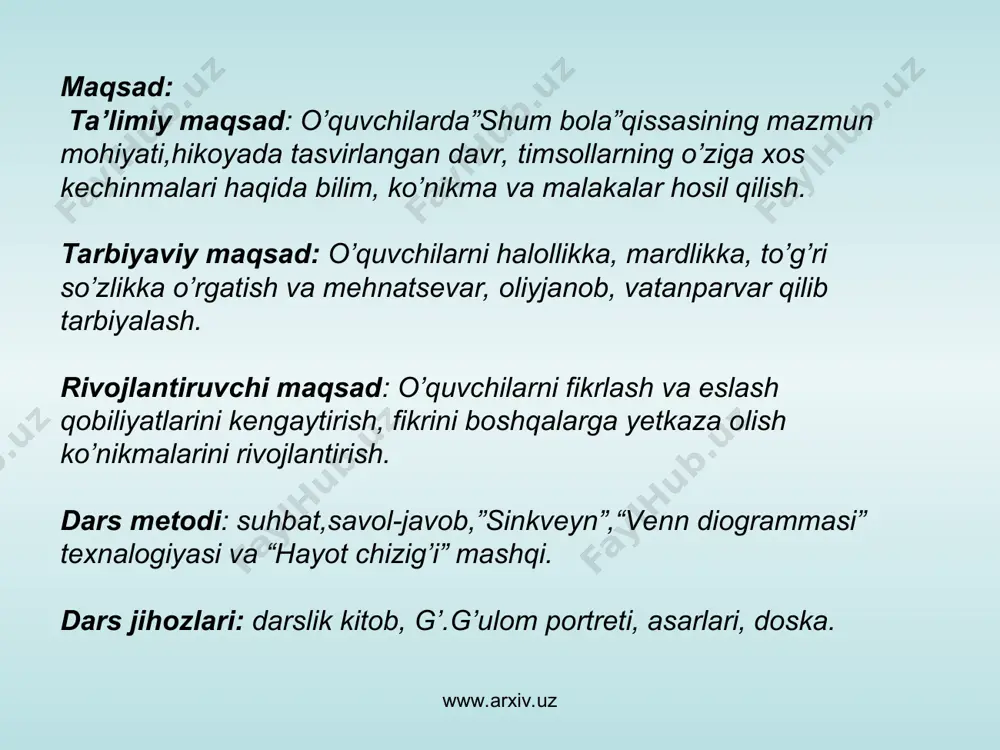 kim? 2.qanday shoir? 3.adabiyot uchun nima qildi? 4. munosabat bildiruvchi gap tuzing. 1. sinonimini keltiring. www.arxiv.uz www.arxiv.uz bajarilish mashqi 1.ot . g‘afur g‘ulom 2.sifat. betakror ,bebaho 3.fe’l. izlandi, yozdi, sevdi. 4. gap. g‘afur g‘ulom bebaho,betakror asarlarni yozdi. 1.sinonim. ijodkor. www.arxiv.uz www.arxiv.uz yangi mavzuning bayoni. o’quvchilarning “shum bola” qissasini o’qib, mazmunini qay darajada o’zlashtirganligini aniqlash maqsadida quyidagi savollar beriladi(qissani o’qib kelish uyga vazifa qilib berib yuborilgan) “shum bola”qissasida tasvirlangan voqealar qaysi davrda bo’lib o’tadi. qoravoy timsoliga tavsif bering. o’ tmishdagi qoravoy va bugungi kun qoravoylarini solishtiring. o’qituvchi o’quvchilarni javobini umumlashtirib, “venn diogrammasi”texnalogiyasi asosida tushuntiriladi. www.arxiv.uz www.arxiv.uz www.arxiv.uz www.arxiv.uz o’rganilgan mavzuni mustahkamlash. “hayot chizig’i” mashqi www.arxiv.uz www.arxiv.uz o’tmishda: g’.g’ulomning asarlariga qanday munosabatda bo’lishgan www.arxiv.uz www.arxiv.uz hozirgi davrda: g’.g’ulomning asarlarini o’rni. www.arxiv.uz www.arxiv.uz kelajakda asarlariga qanday munosabatda bo’ladi deb o’ylaysiz www.arxiv.uz www.arxiv.uz darsga faol qatnashgan o’quvchi rag’batlantiriladi. www.arxiv.uz www.arxiv.uz uyga vazifa qilib “shum bola” qissasidagi timsollar ustida ishlash. qoravoyning o’ziga xos xislatlarini yozish. …