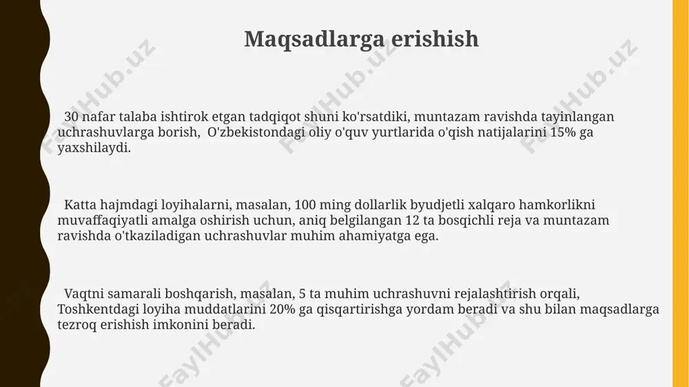 2024-yilning birinchi choragida bo'lib o'tgan 30 ta biznes-uchrashuvning 80 foizi potensial investorlar bilan bo'lib, 10 million dollardan ortiq investitsiyalarni jalb qilishga yordam berdi. kasbiy sohada o'tkaziladigan uchrashuvlarning 70% dan ortig'i toshkentdagi yirik kompaniyalarda 2022-yil statistikasiga ko'ra muhim biznes shartnomalarini imzolashga olib kelgan. samarqanddagi xalqaro konferensiyada 2023-yilda o'tkazilgan 50 dan ortiq uchrashuv natijasida 15 ta yangi hamkorlik loyihalari boshlandi, bu esa mintaqaviy iqtisodiyotga ijobiy ta'sir ko'rsatdi. muvaffaqiyatga erishishda uchrashuvlarning roli 2022-yilda o'tkazilgan tadqiqotlar shuni ko'rsatdiki, aqshning silikon vodiysidagi mutaxassislarning 85%i yillik maqsadlariga erishishda muntazam uchrashuvlarni muhim omil deb bilishadi. muvaffaqiyatli loyihalarning 70%i, masalan, toshkentdagi yirik kompaniyalar orasida, muhim qarorlarni qabul qilishdan oldin o'tkazilgan samarali uchrashuvlar natijasida amalga oshiriladi. samarqanddagi oliy o'quv yurtlarida o'tkazilgan so'rovnomalar natijasida talabalarning 60%i o'qituvchilar bilan individual uchrashuvlar natijasida akademik muvaffaqiyatlariga erishganliklarini ta'kidlashdi. muloqot va hamkorlikni mustahkamlash samarqanddagi 50 dan ortiq olimlar ishtirok etgan xalqaro konferensiya, 2023-yilda muloqot va hamkorlikni rivojlantirishga qaratilgan 3 ta yirik loyihani boshlab yubordi. …