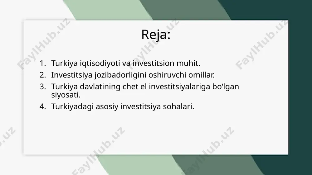 rq bozorlariga qulay aloqalar o‘rnatilgan. bu esa chet el investorlariga turkiyani logistik markaz sifatida tanlash imkonini beradi. shuningdek, turkiyaning transport infratuzilmasi, jumladan, aeroportlar, portlar va temir yo‘l tizimlari rivojlanishida muhim yutuqlarga erishilgan. investitsiya jozibadorligini oshiruvchi omillar investitsiya jozibadorligini oshiruvchi omillar bir qator iqtisodiy, siyosiy va ijtimoiy omillarga bog‘liq bo‘lib, ular investorlar uchun mamlakatni jozibali qilishga yordam beradi. turkiyada investitsiya jozibadorligini oshiruvchi asosiy omillar orasida geosiyosiy joylashuvning muhim o‘rni bor. turkiya yevropa, osiyo va o‘rta sharq orasidagi strategik joylashuvi bilan ajralib turadi, bu mamlakatni xalqaro savdo yo‘llarida muhim tranzit nuqtasi sifatida juda jozibali qiladi. bu chet el investorlariga global bozorlar bilan oson bog‘lanish imkoniyatini yaratadi. iqtisodiy o‘sish sur’atlari ham investitsiya jozibadorligini oshiradi. turkiya iqtisodiyoti so‘nggi yillarda sezilarli darajada o‘sdi. yuksaluvchi sanoat va xizmatlar sektorlari, yuqori investitsiya salohiyati va kuchli ichki bozor mamlakatni iqtisodiy jihatdan jozibali qiladi. soliqlar va iqtisodiy rag‘batlar investorlarni jalb qilishda muhim omil hisoblanadi. turkiya hukumati investorlarga soliq imtiyozlari, …