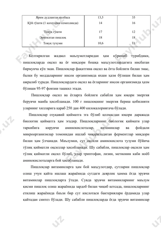 ишлаб чиқарилади. ширдон пишлоқлари ўз навбатида 5 гуруҳга бўлинади. шулардан тўрттаси, яъни қаттиқ, ярим қаттиқ, юмшоқ, намакопли пишлоқлар натурал пишлоқлар ва бешинчисига эса қайта ишланган пишлоқлар деб юритилади. таркибидаги ёғнинг қуруқ моддага нисбатан ҳисобланган миқдорига қараб пишлоқлар 50 % ёғлиликдаги ва 45 % ёғлиликдаги пишлоқларга бўлинади. кейинги йилларда 30 ва 20 % ёғлиликдаги пишлоқлар ишлаб чиқаришга ҳам алоҳида эътибор берилмоқда. шу билан пишлоқларни ҳам парҳез мақсадларда ишлатишга имконият туғдирилади. ҳар бир пишлоқ донасининг массасига қараб пишлоқлар катта массали ва кичик массали пишлоқларга бўлинади. масалан, катта массали пишлоқлар туркумига швейцария, россия ва бошқа тур пишлоқларни киритиш мумкин. кичик массали пишлоқлардан голландия туркумига кирувчи пишлоқларни кўрсатиш мумкин. қаттиқ ширдон пишлоқларни ишлаб чиқариш технологияси пишлоқлар ишлаб чиқаришда хом ашёнинг сифатига алоҳида эътибор қаратилади. пишлоқ ишлаб чиқариш учун қўлланиладиган сут нафақат кимёвий таркиби бўйича тегишли меъёрларга жавоб бериши керак, балки фойдали микроорганизмларнинг ривожланиши учун зарур бўладиган моддаларвитаминлар, ферментлар, пептидлар, эркин аминокислоталар, микроэлементлар бўйича ҳам …